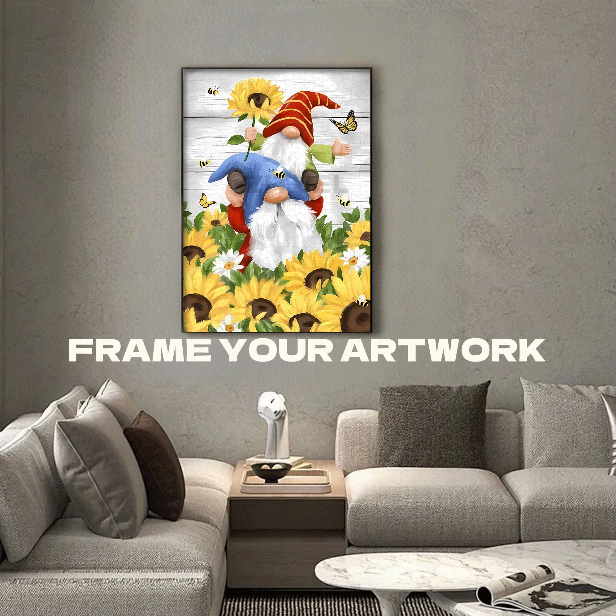 Gnomes with Sunflowers 500pcs/1000pcs Jigsaw Puzzle, Scratch-Resistant, Interactive Family Game & Brain-Boosting DIY Decor, Perfect for Halloween, Christmas & New Year Gifts, Family Puzzle Game