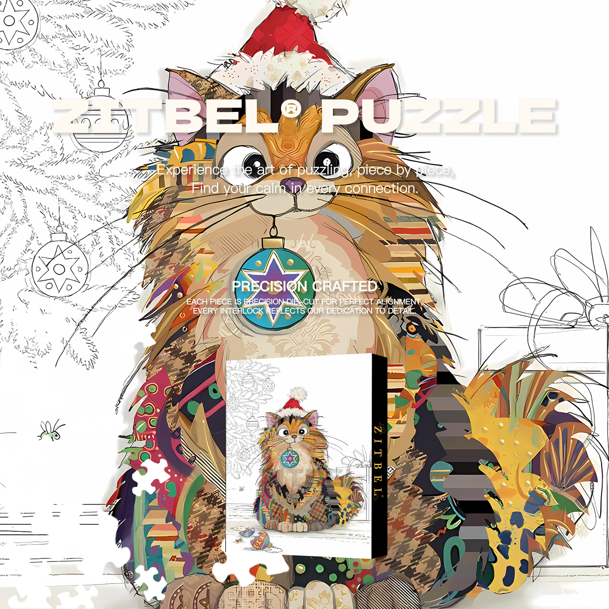 Cat with Festive Baubles 500pcs/1000pcs Jigsaw Puzzle, Scratch-Resistant, Interactive Family Game & Brain-Boosting DIY Decor, Perfect for Halloween, Christmas & New Year Gifts, Family Puzzle Game