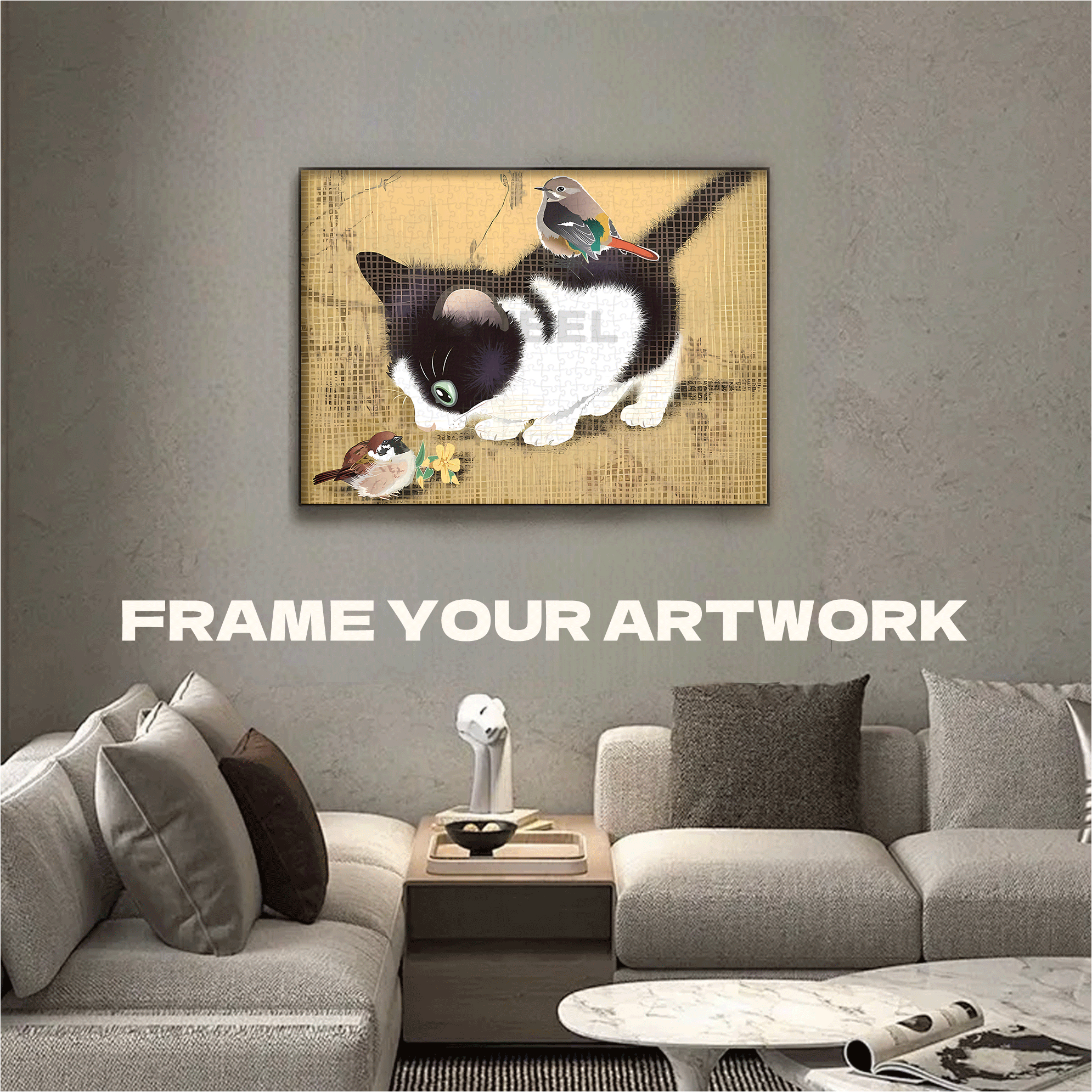 Cat and Sparrow 500pcs/1000pcs Jigsaw Puzzle, Scratch-Resistant, Interactive Family Game & Brain-Boosting DIY Decor, Perfect for Halloween, Christmas & New Year Gifts, Family Puzzle Game
