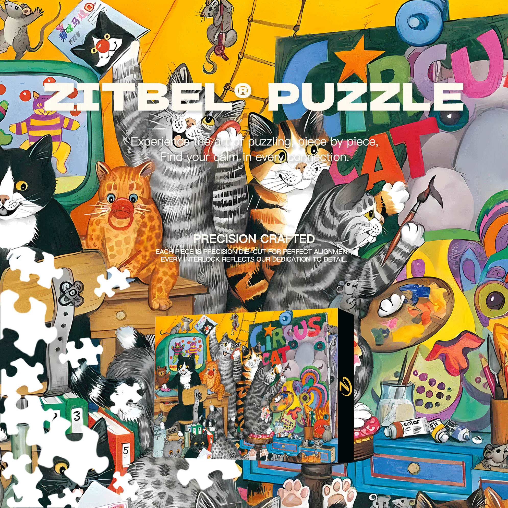 Cat Circus 13 500pcs/1000pcs Jigsaw Puzzle, Scratch-Resistant, Interactive Family Game & Brain-Boosting DIY Decor, Perfect for Halloween, Christmas & New Year Gifts, Family Puzzle Game