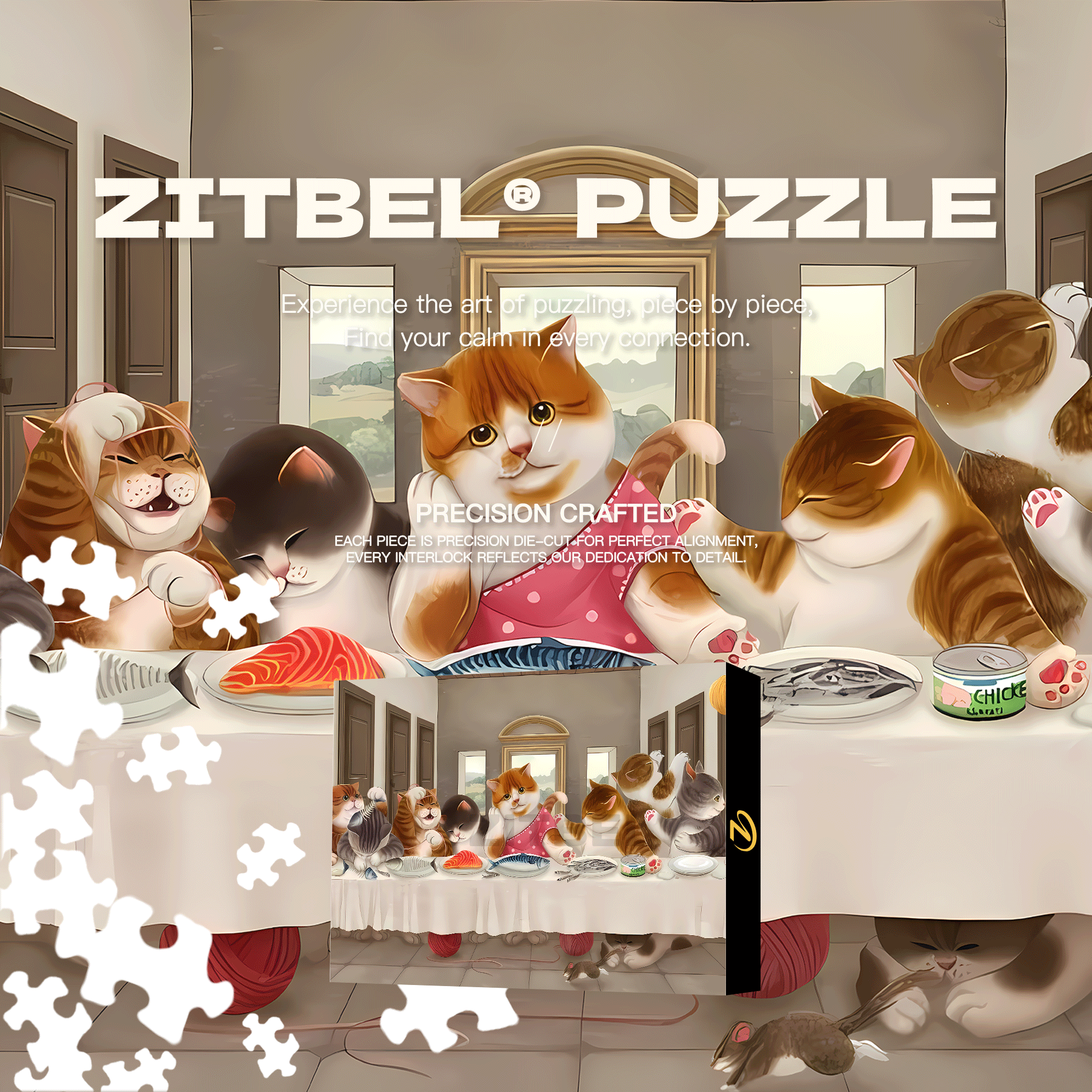 Meow ¡Á World Famous Paintings 5 500pcs/1000pcs Jigsaw Puzzle, Scratch-Resistant, Interactive Family Game & Brain-Boosting DIY Decor, Perfect for Halloween, Christmas & New Year Gifts, Family Puzzle Game
