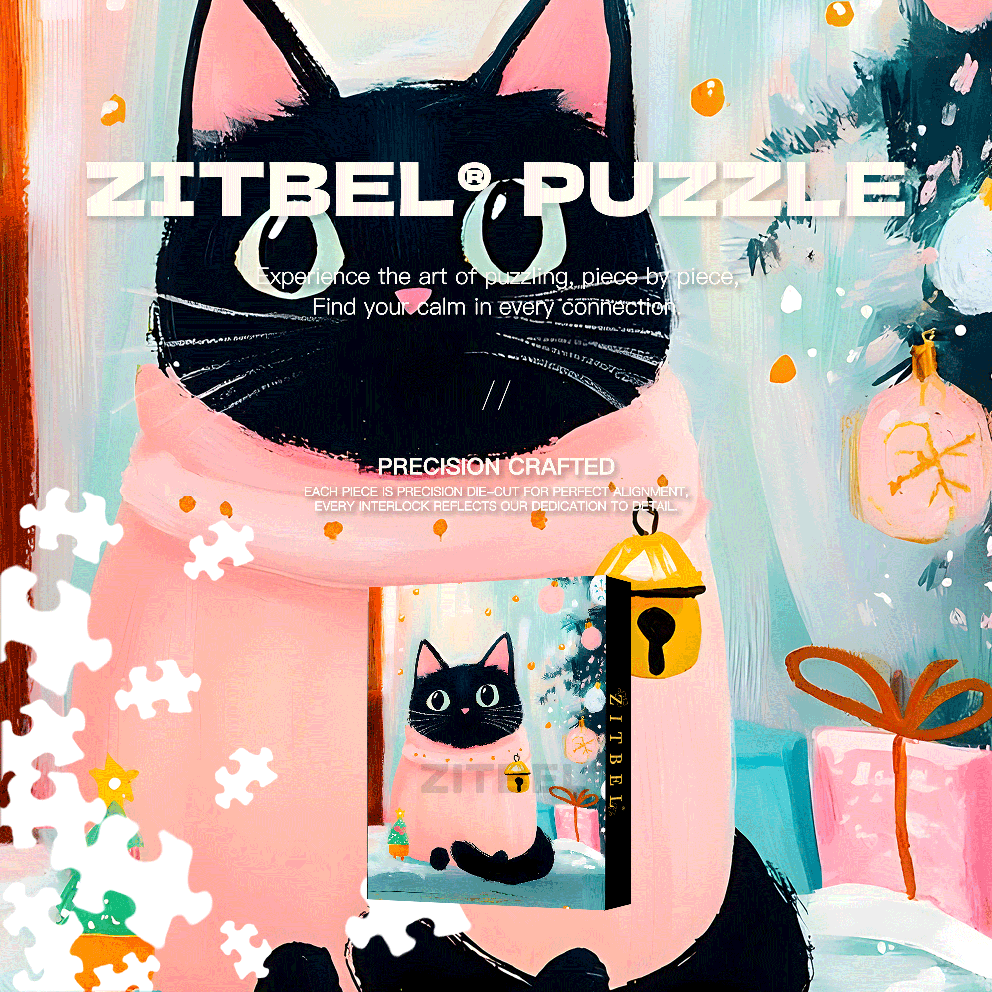 A Cat Looking Forward to Christmas 500pcs/1000pcs Jigsaw Puzzle, Scratch-Resistant, Interactive Family Game & Brain-Boosting DIY Decor, Perfect for Halloween, Christmas & New Year Gifts, Family Puzzle Game