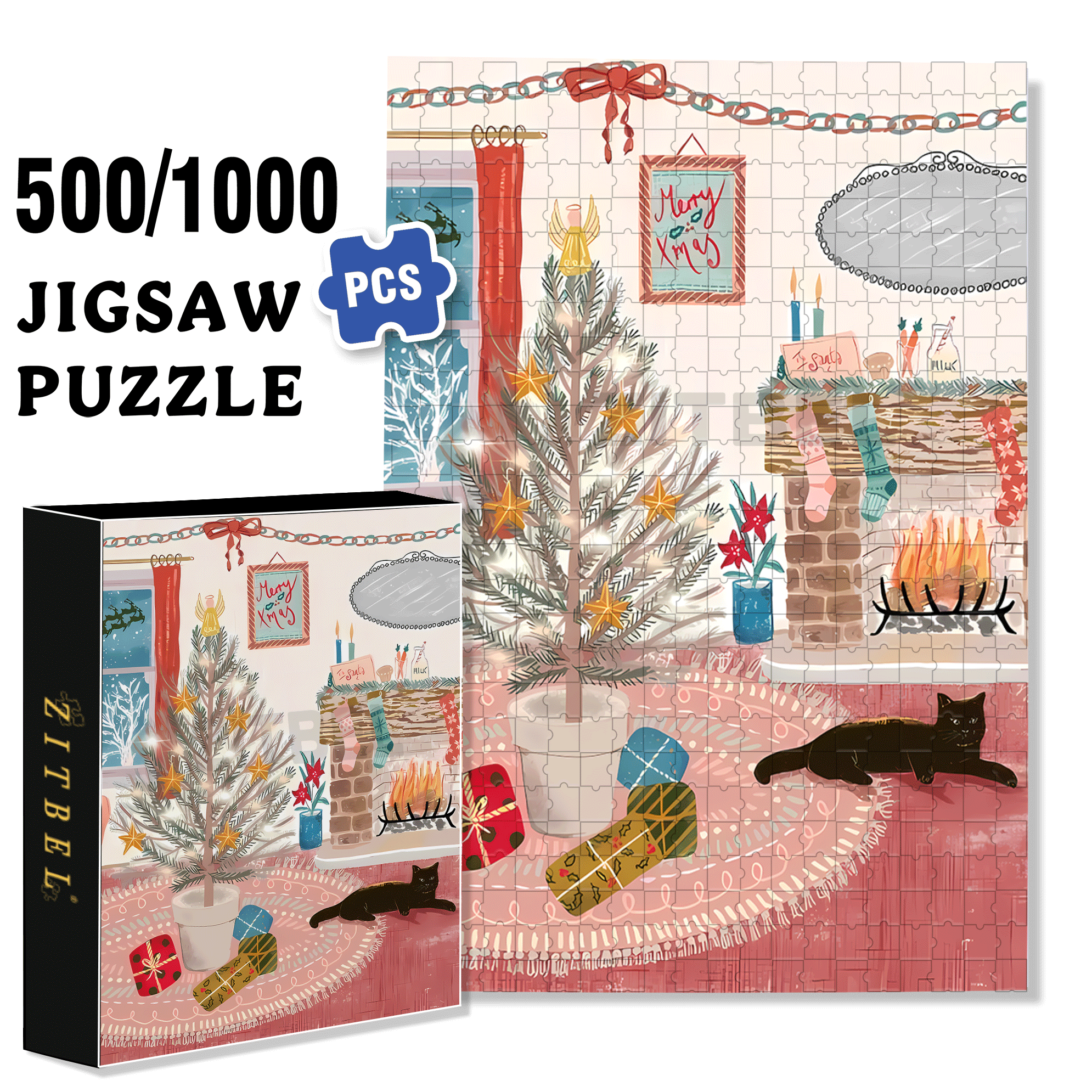 Christmas For Cats 500pcs/1000pcs Jigsaw Puzzle, Scratch-Resistant, Interactive Family Game & Brain-Boosting DIY Decor, Perfect for Halloween, Christmas & New Year Gifts, Family Puzzle Game