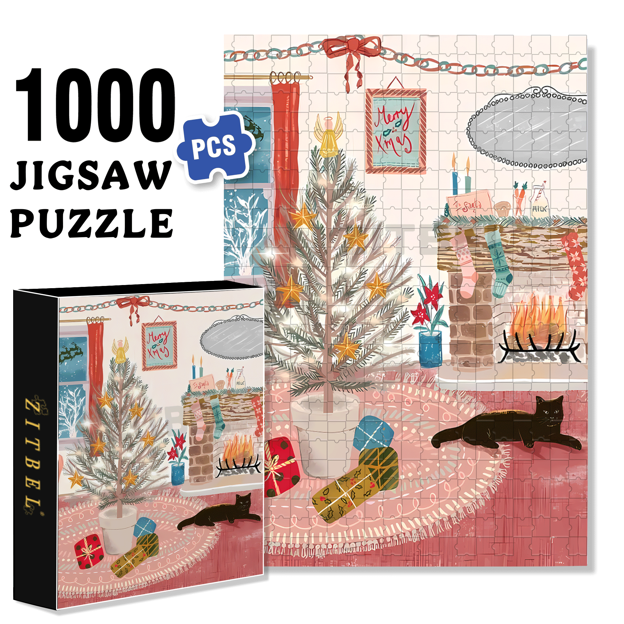Christmas For Cats 500pcs/1000pcs Jigsaw Puzzle, Scratch-Resistant, Interactive Family Game & Brain-Boosting DIY Decor, Perfect for Halloween, Christmas & New Year Gifts, Family Puzzle Game