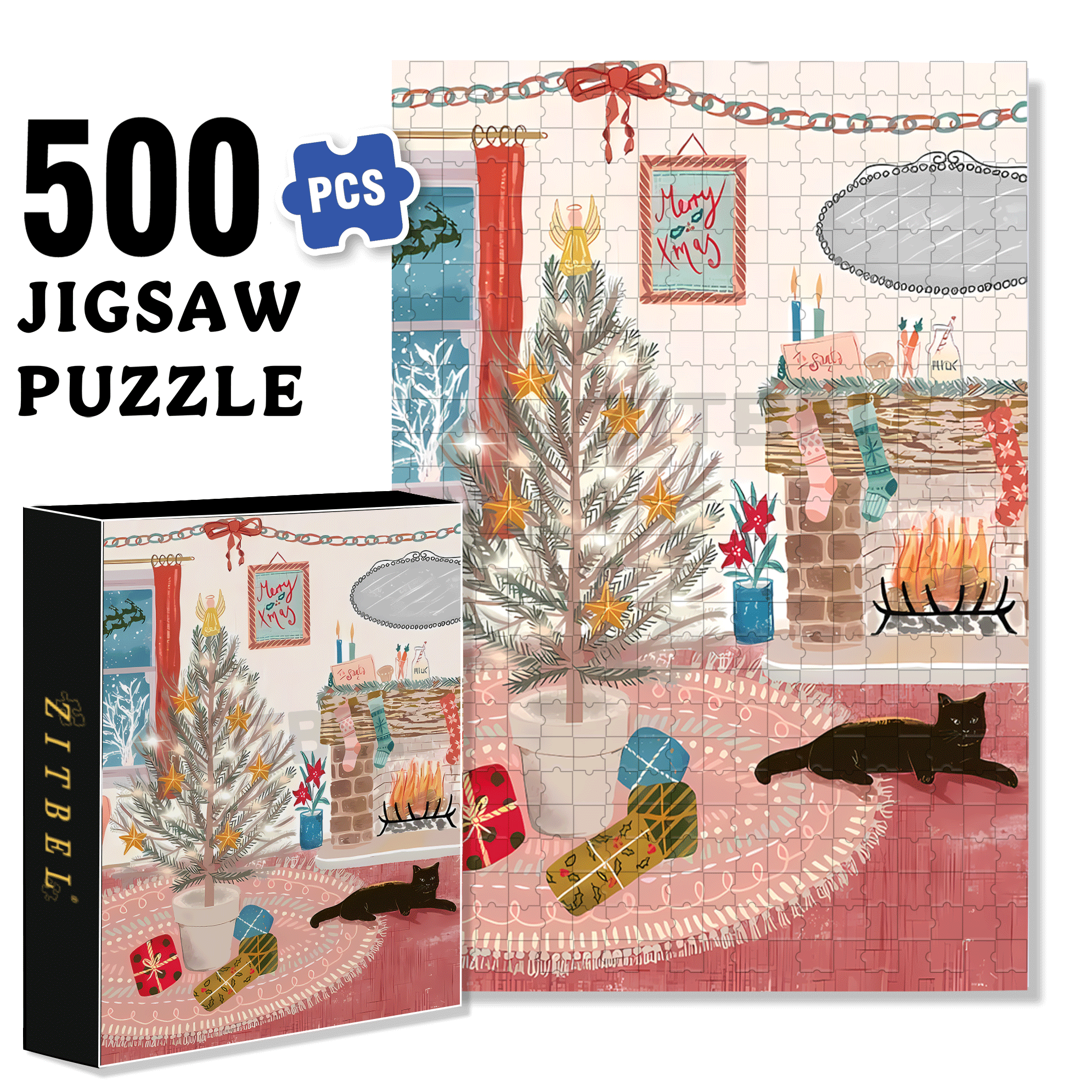 Christmas For Cats 500pcs/1000pcs Jigsaw Puzzle, Scratch-Resistant, Interactive Family Game & Brain-Boosting DIY Decor, Perfect for Halloween, Christmas & New Year Gifts, Family Puzzle Game