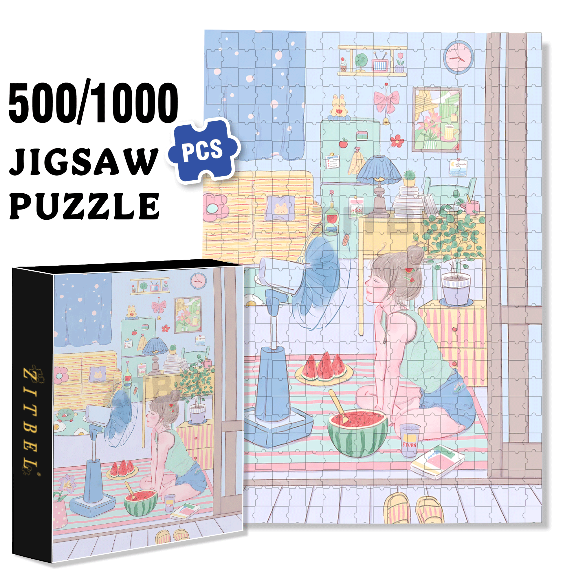 Eating Watermelon 500pcs/1000pcs Jigsaw Puzzle, Scratch-Resistant, Interactive Family Game & Brain-Boosting DIY Decor, Perfect for Halloween, Christmas & New Year Gifts, Family Puzzle Game