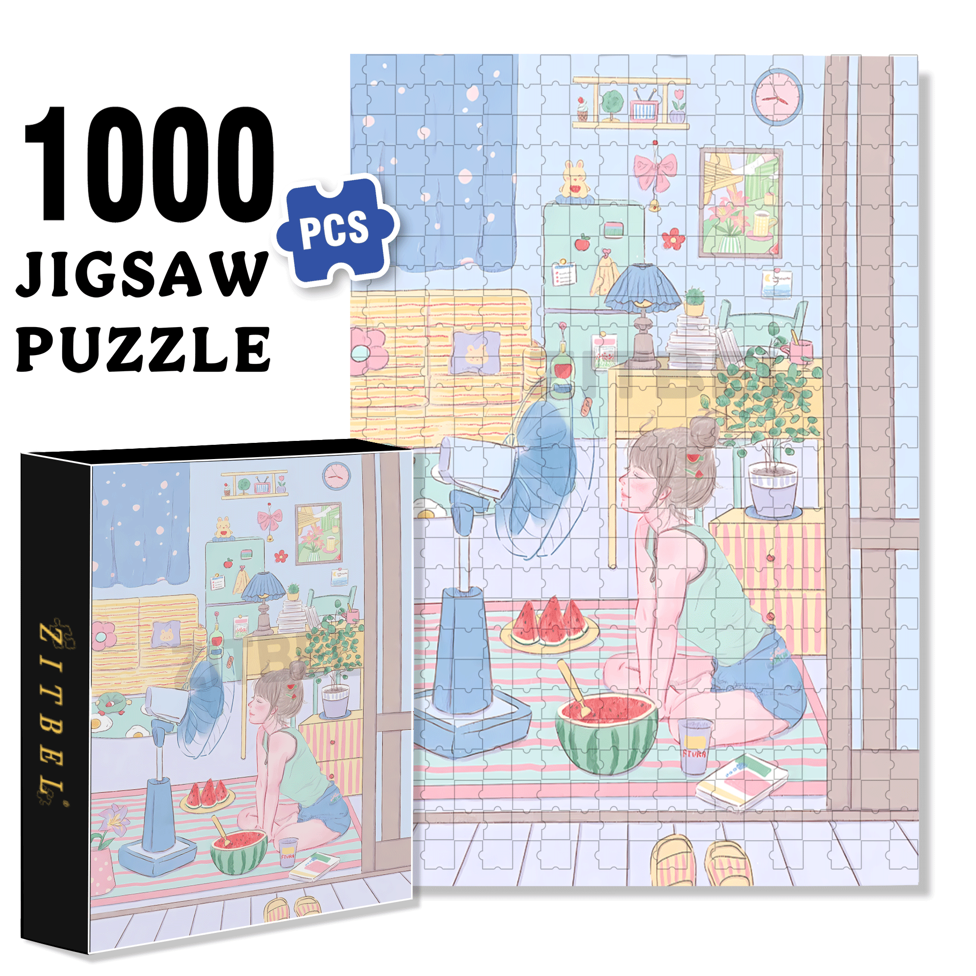 Eating Watermelon 500pcs/1000pcs Jigsaw Puzzle, Scratch-Resistant, Interactive Family Game & Brain-Boosting DIY Decor, Perfect for Halloween, Christmas & New Year Gifts, Family Puzzle Game