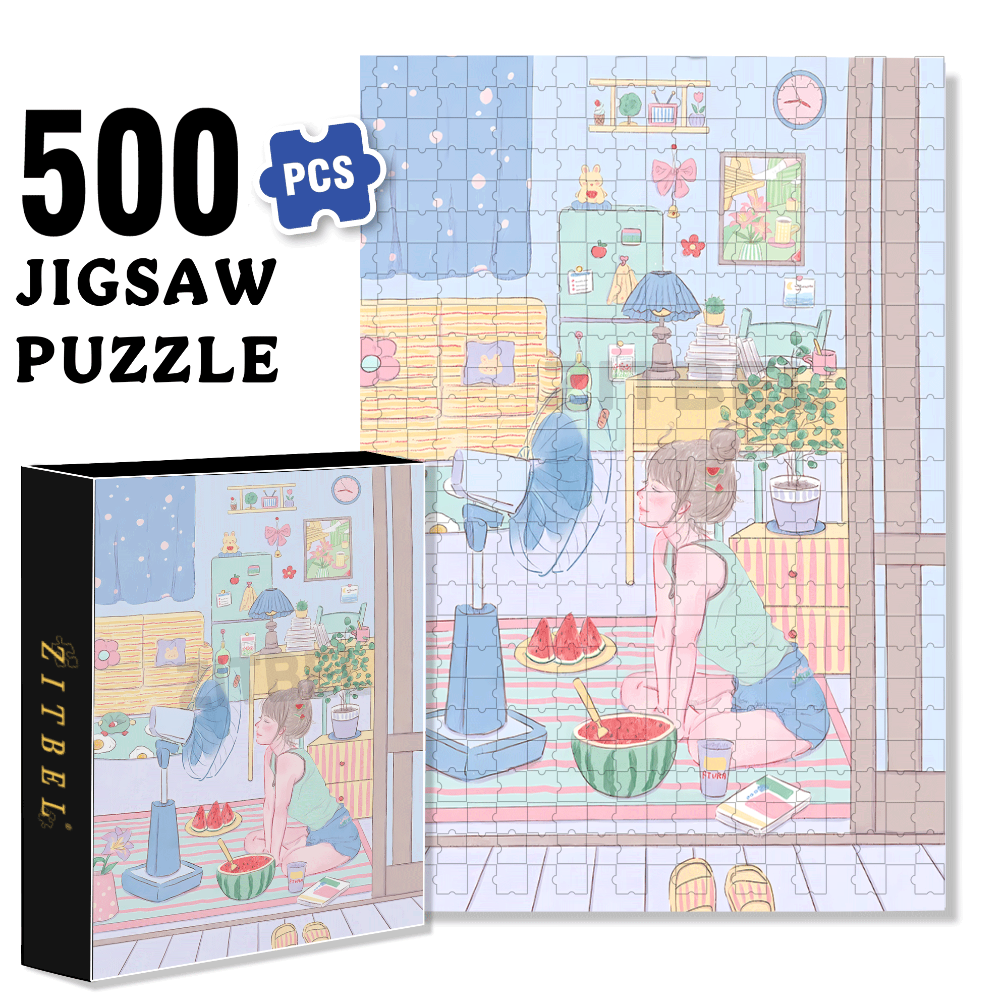 Eating Watermelon 500pcs/1000pcs Jigsaw Puzzle, Scratch-Resistant, Interactive Family Game & Brain-Boosting DIY Decor, Perfect for Halloween, Christmas & New Year Gifts, Family Puzzle Game