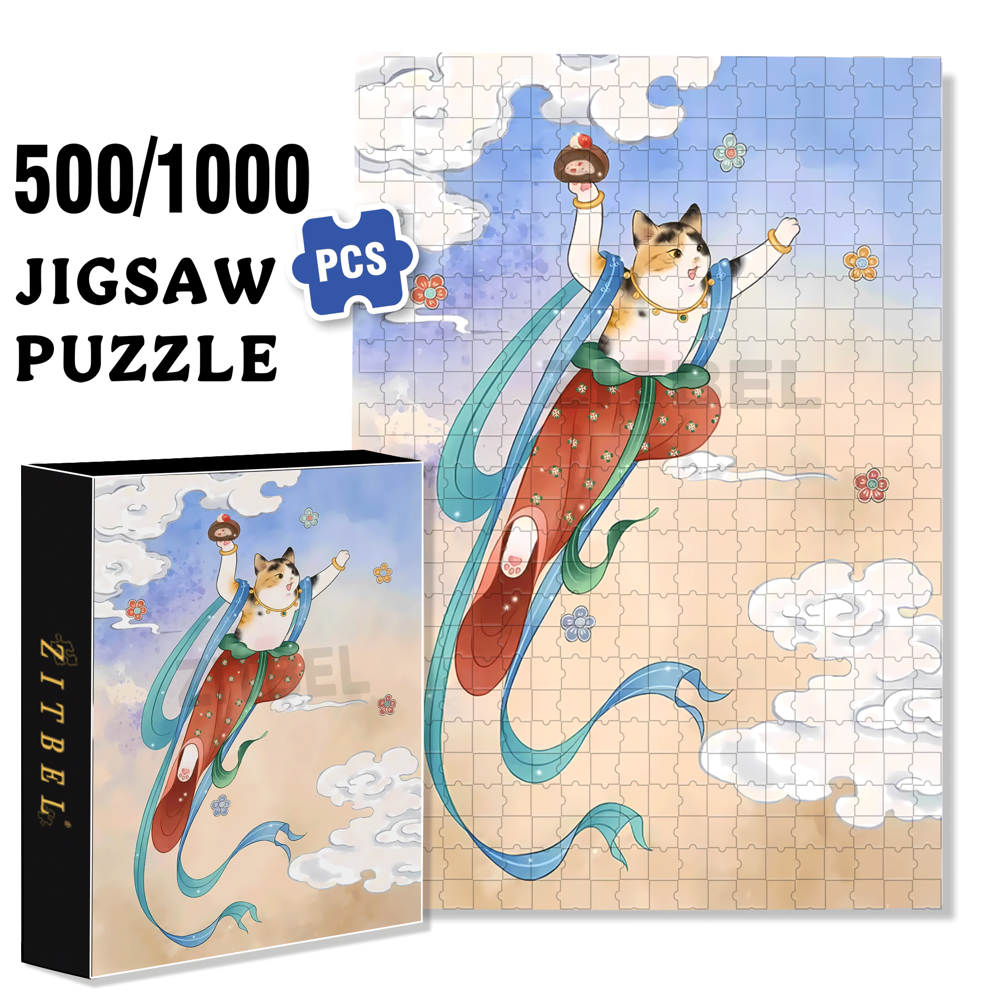 Flying Cat 2 500pcs/1000pcs Jigsaw Puzzle, Scratch-Resistant, Interactive Family Game & Brain-Boosting DIY Decor, Perfect for Halloween, Christmas & New Year Gifts, Family Puzzle Game