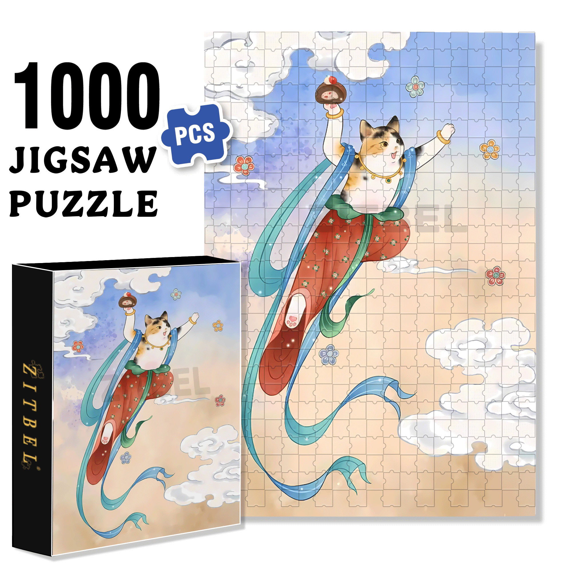 Flying Cat 2 500pcs/1000pcs Jigsaw Puzzle, Scratch-Resistant, Interactive Family Game & Brain-Boosting DIY Decor, Perfect for Halloween, Christmas & New Year Gifts, Family Puzzle Game