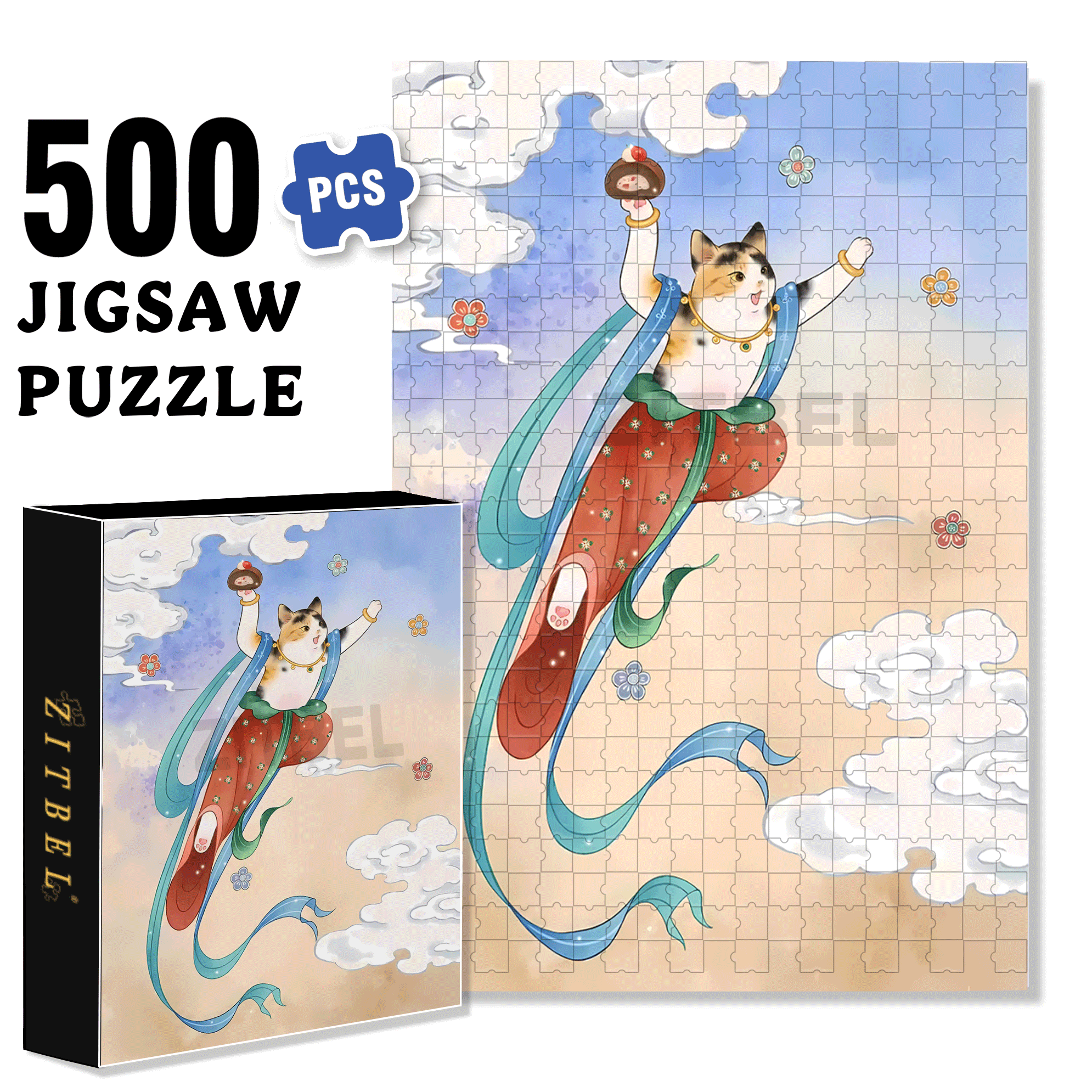 Flying Cat 2 500pcs/1000pcs Jigsaw Puzzle, Scratch-Resistant, Interactive Family Game & Brain-Boosting DIY Decor, Perfect for Halloween, Christmas & New Year Gifts, Family Puzzle Game