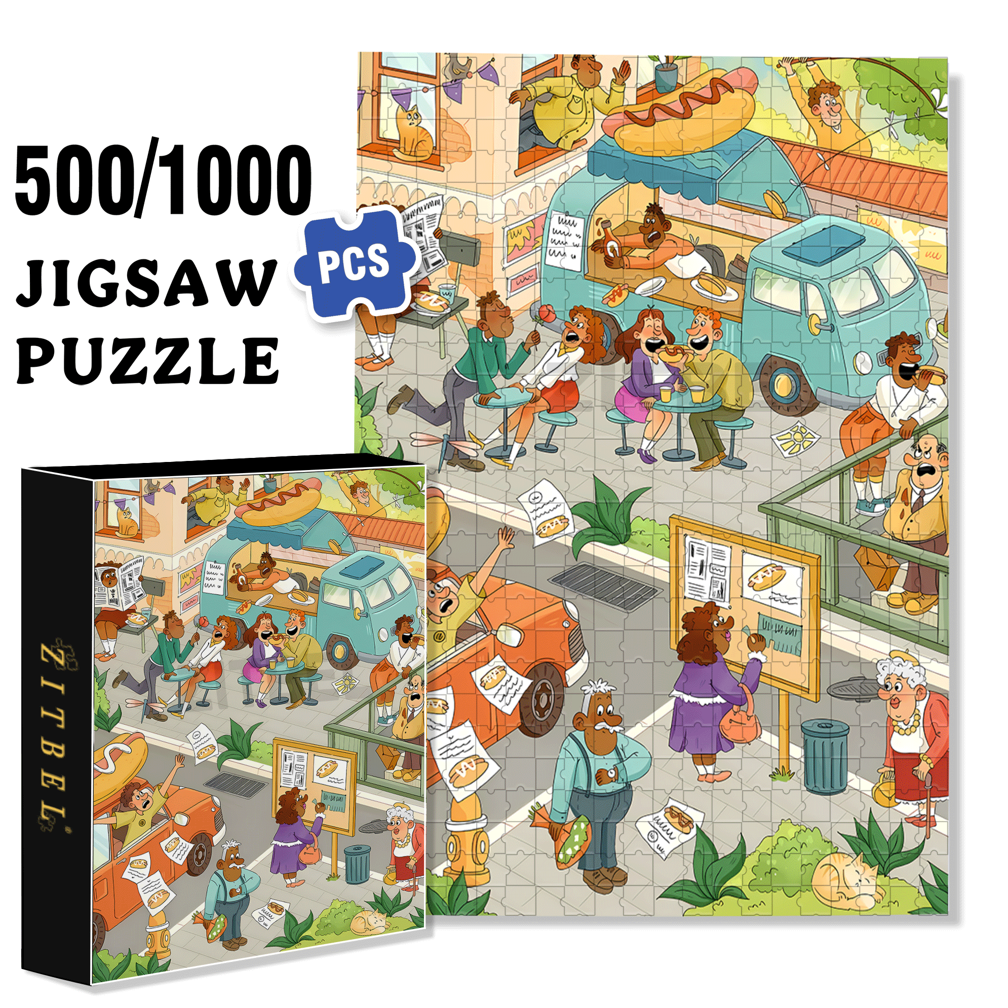 Hot Dog City 500pcs/1000pcs Jigsaw Puzzle, Scratch-Resistant, Interactive Family Game & Brain-Boosting DIY Decor, Perfect for Halloween, Christmas & New Year Gifts, Family Puzzle Game