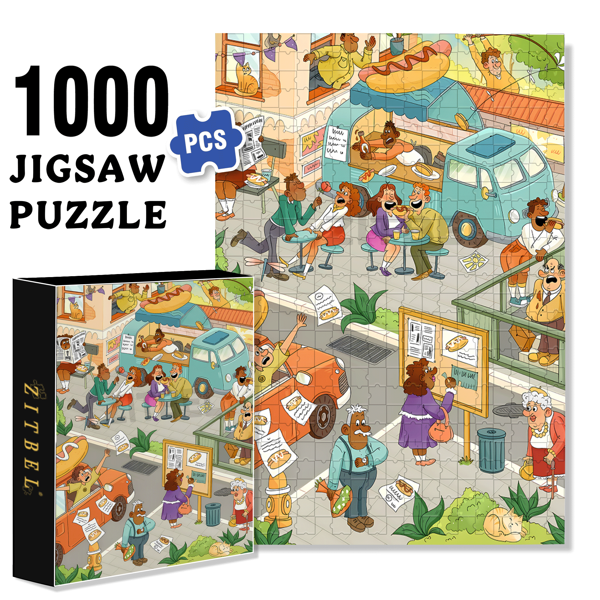 Hot Dog City 500pcs/1000pcs Jigsaw Puzzle, Scratch-Resistant, Interactive Family Game & Brain-Boosting DIY Decor, Perfect for Halloween, Christmas & New Year Gifts, Family Puzzle Game