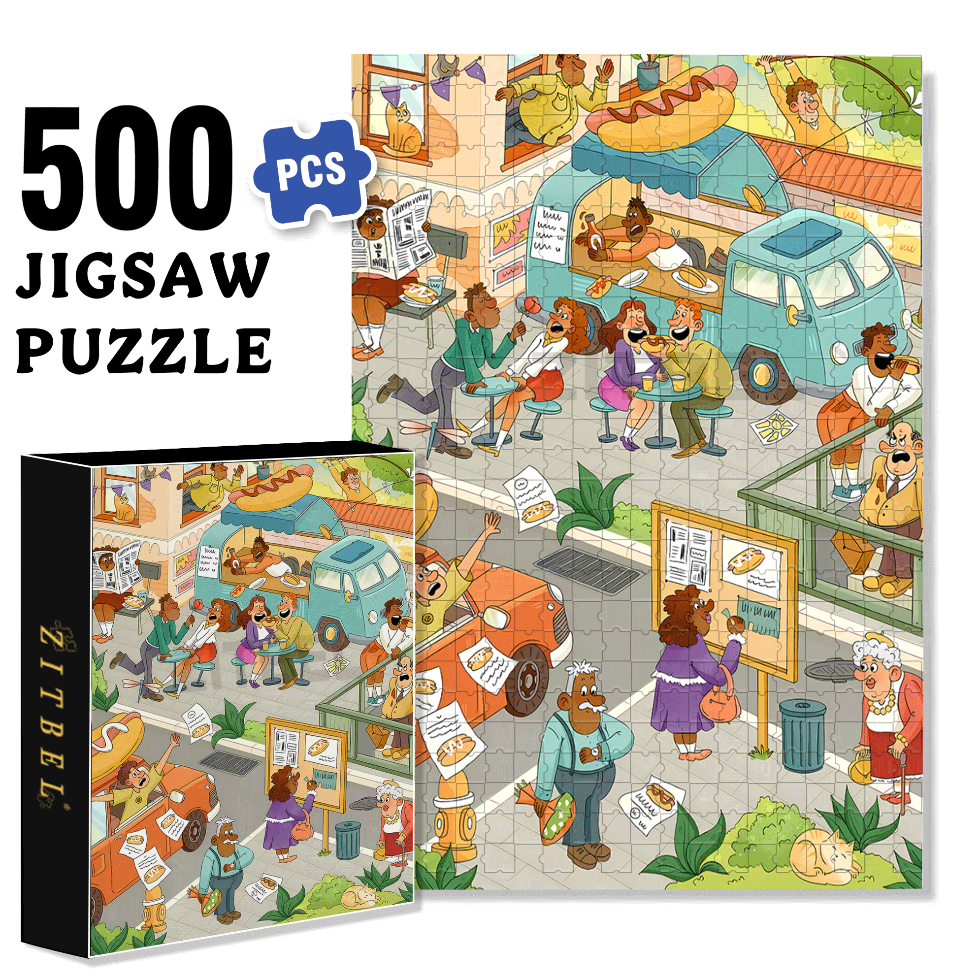 Hot Dog City 500pcs/1000pcs Jigsaw Puzzle, Scratch-Resistant, Interactive Family Game & Brain-Boosting DIY Decor, Perfect for Halloween, Christmas & New Year Gifts, Family Puzzle Game