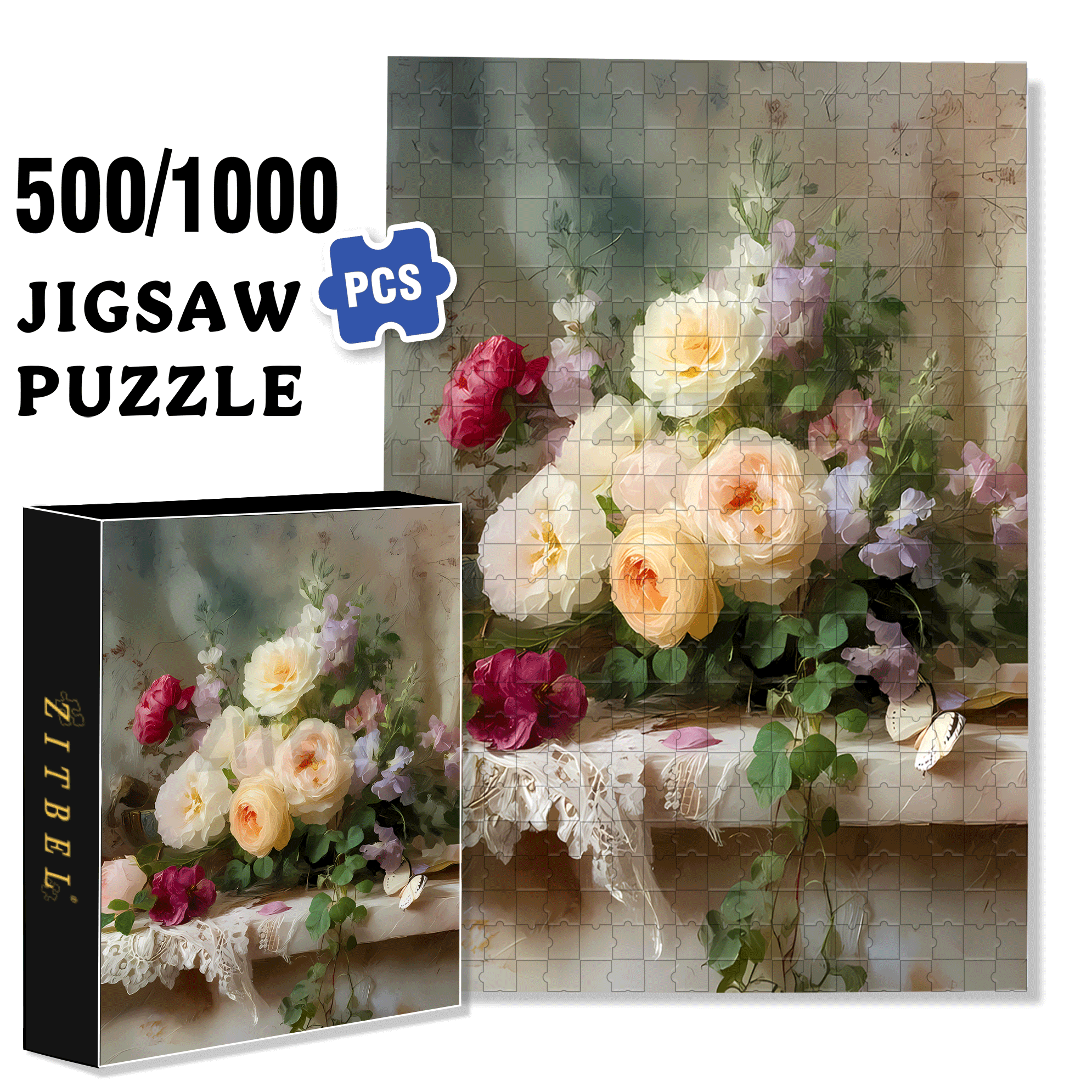 Vintage Floral Assortment on Marble 500pcs/1000pcs Jigsaw Puzzle, Scratch-Resistant, Interactive Family Game & Brain-Boosting DIY Decor, Perfect for Halloween, Christmas & New Year Gifts, Family Puzzle Game