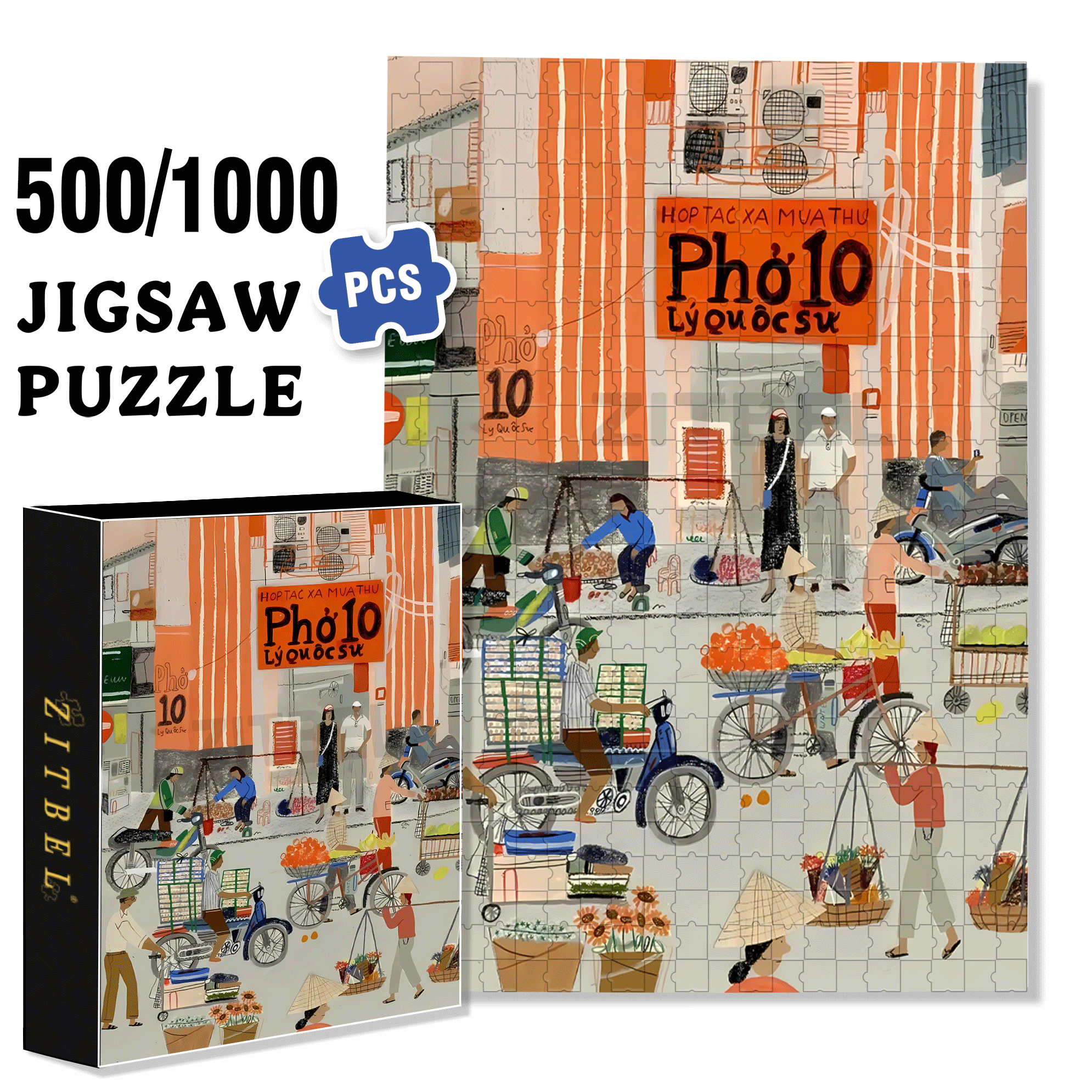 Vietnamese Style 500pcs/1000pcs Jigsaw Puzzle, Scratch-Resistant, Interactive Family Game & Brain-Boosting DIY Decor, Perfect for Halloween, Christmas & New Year Gifts, Family Puzzle Game