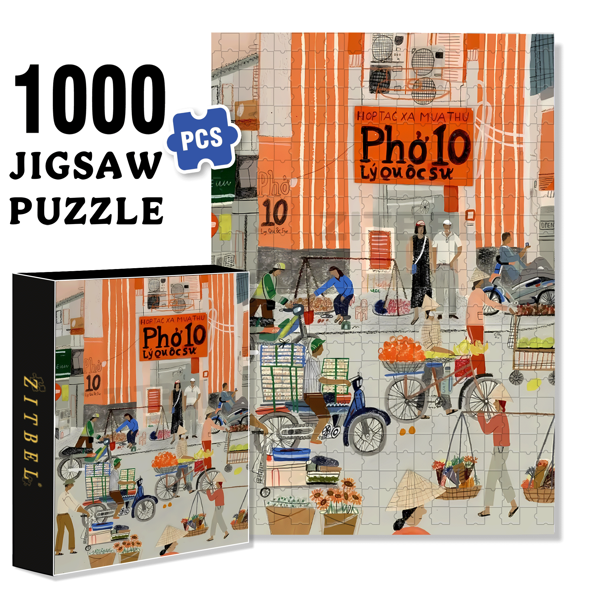 Vietnamese Style 500pcs/1000pcs Jigsaw Puzzle, Scratch-Resistant, Interactive Family Game & Brain-Boosting DIY Decor, Perfect for Halloween, Christmas & New Year Gifts, Family Puzzle Game
