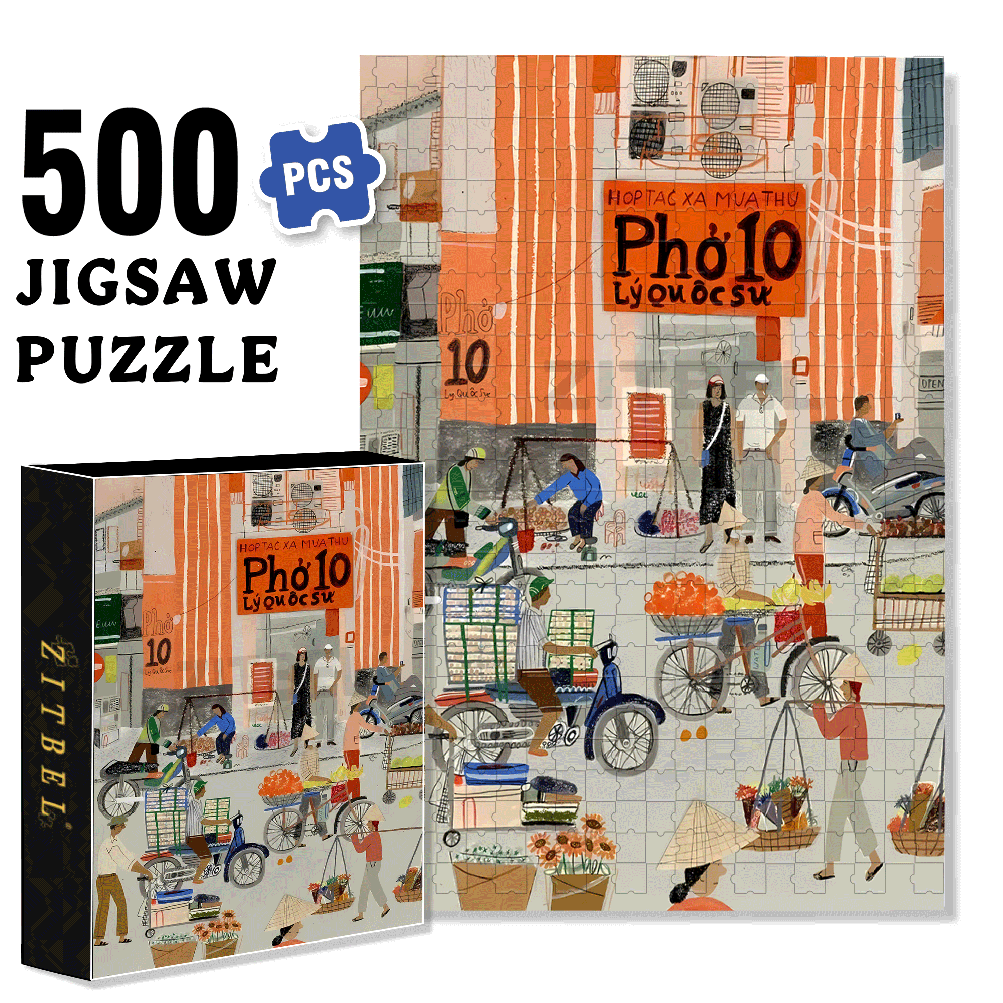 Vietnamese Style 500pcs/1000pcs Jigsaw Puzzle, Scratch-Resistant, Interactive Family Game & Brain-Boosting DIY Decor, Perfect for Halloween, Christmas & New Year Gifts, Family Puzzle Game