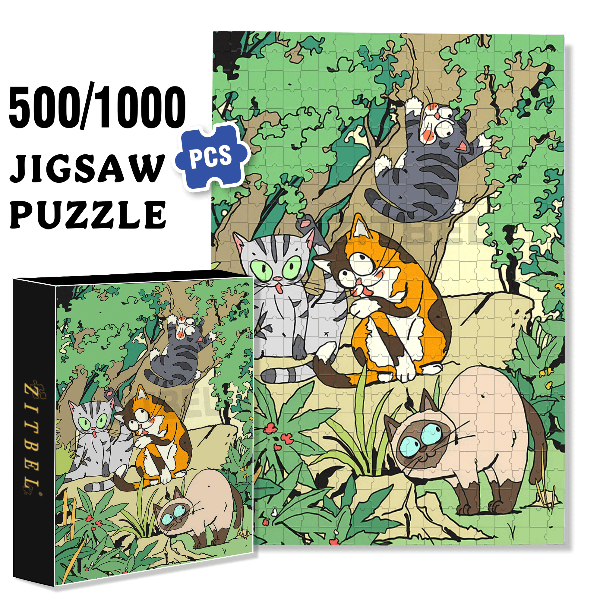 Cat and Stone 500pcs/1000pcs Jigsaw Puzzle, Scratch-Resistant, Interactive Family Game & Brain-Boosting DIY Decor, Perfect for Halloween, Christmas & New Year Gifts, Family Puzzle Game