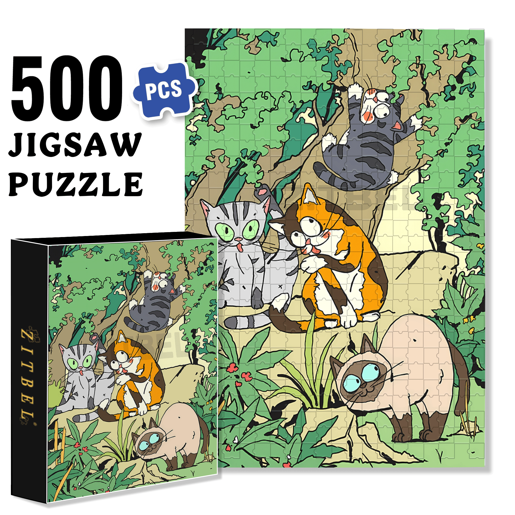 Cat and Stone 500pcs/1000pcs Jigsaw Puzzle, Scratch-Resistant, Interactive Family Game & Brain-Boosting DIY Decor, Perfect for Halloween, Christmas & New Year Gifts, Family Puzzle Game