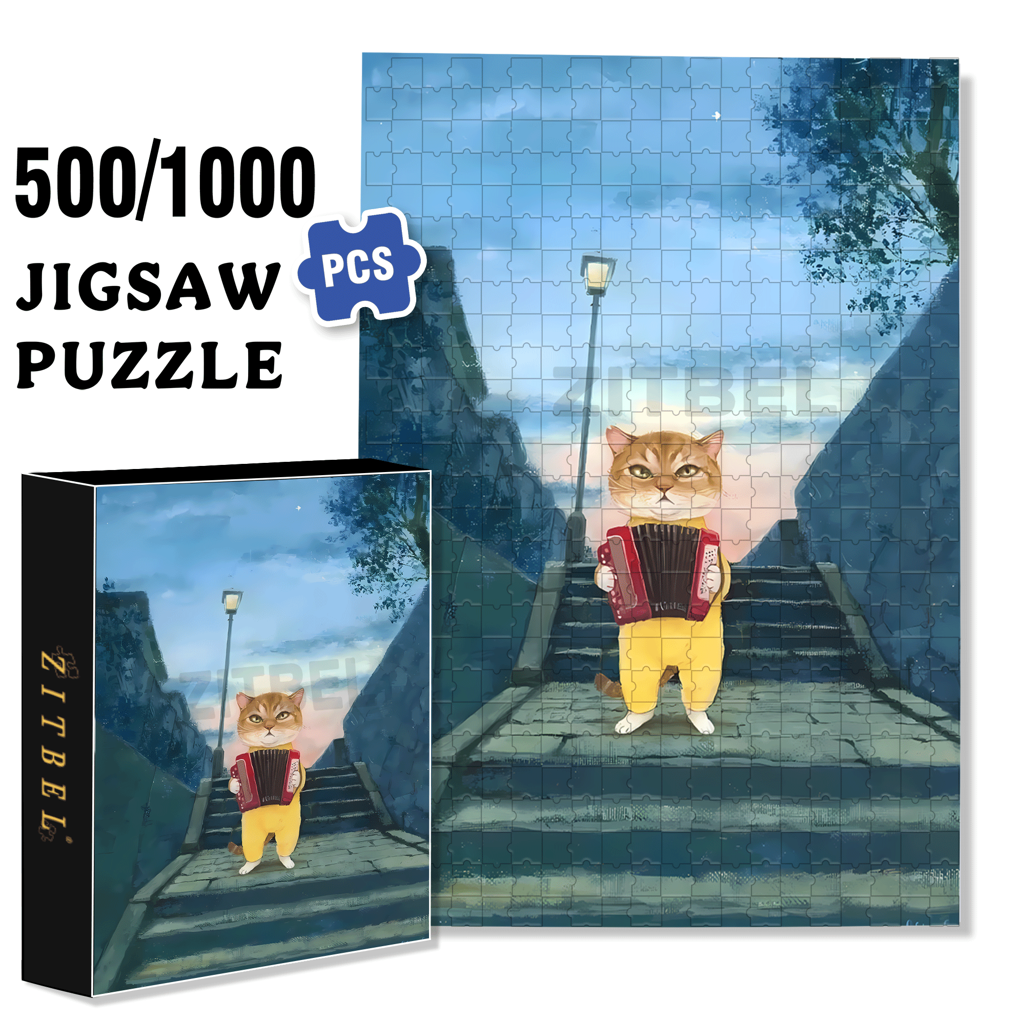 Cats and Accordion 500pcs/1000pcs Jigsaw Puzzle, Scratch-Resistant, Interactive Family Game & Brain-Boosting DIY Decor, Perfect for Halloween, Christmas & New Year Gifts, Family Puzzle Game