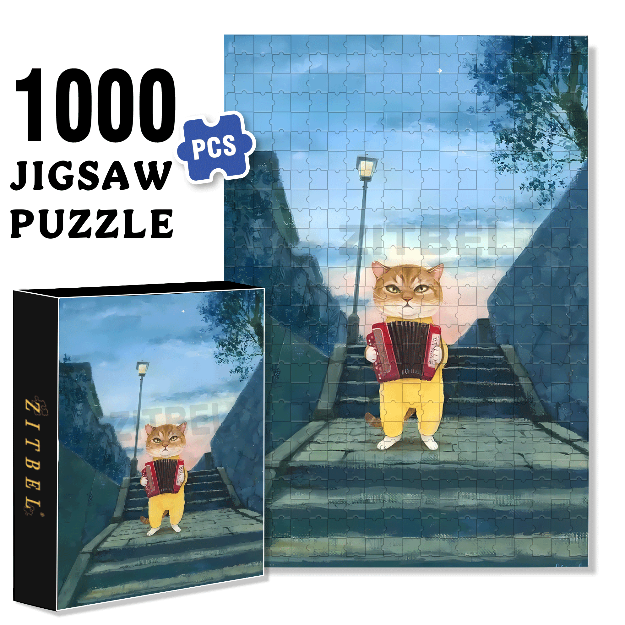 Cats and Accordion 500pcs/1000pcs Jigsaw Puzzle, Scratch-Resistant, Interactive Family Game & Brain-Boosting DIY Decor, Perfect for Halloween, Christmas & New Year Gifts, Family Puzzle Game