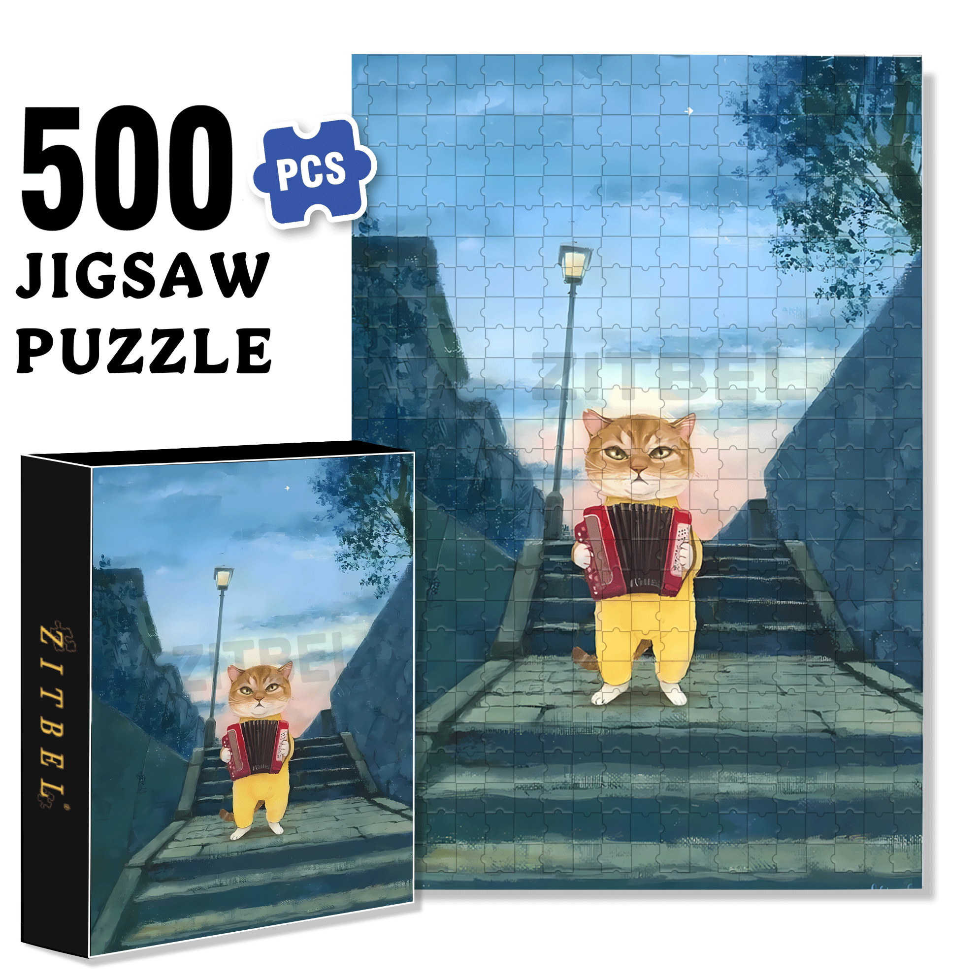 Cats and Accordion 500pcs/1000pcs Jigsaw Puzzle, Scratch-Resistant, Interactive Family Game & Brain-Boosting DIY Decor, Perfect for Halloween, Christmas & New Year Gifts, Family Puzzle Game