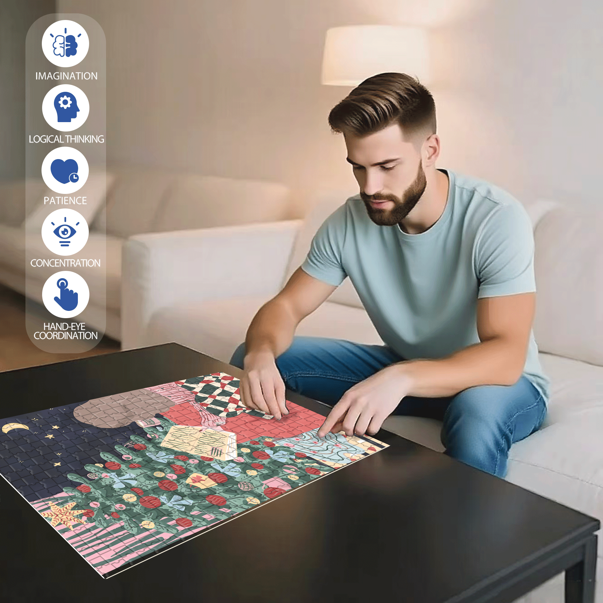 Warm Christmas 2 500pcs/1000pcs Jigsaw Puzzle, Scratch-Resistant, Interactive Family Game & Brain-Boosting DIY Decor, Perfect for Halloween, Christmas & New Year Gifts, Family Puzzle Game