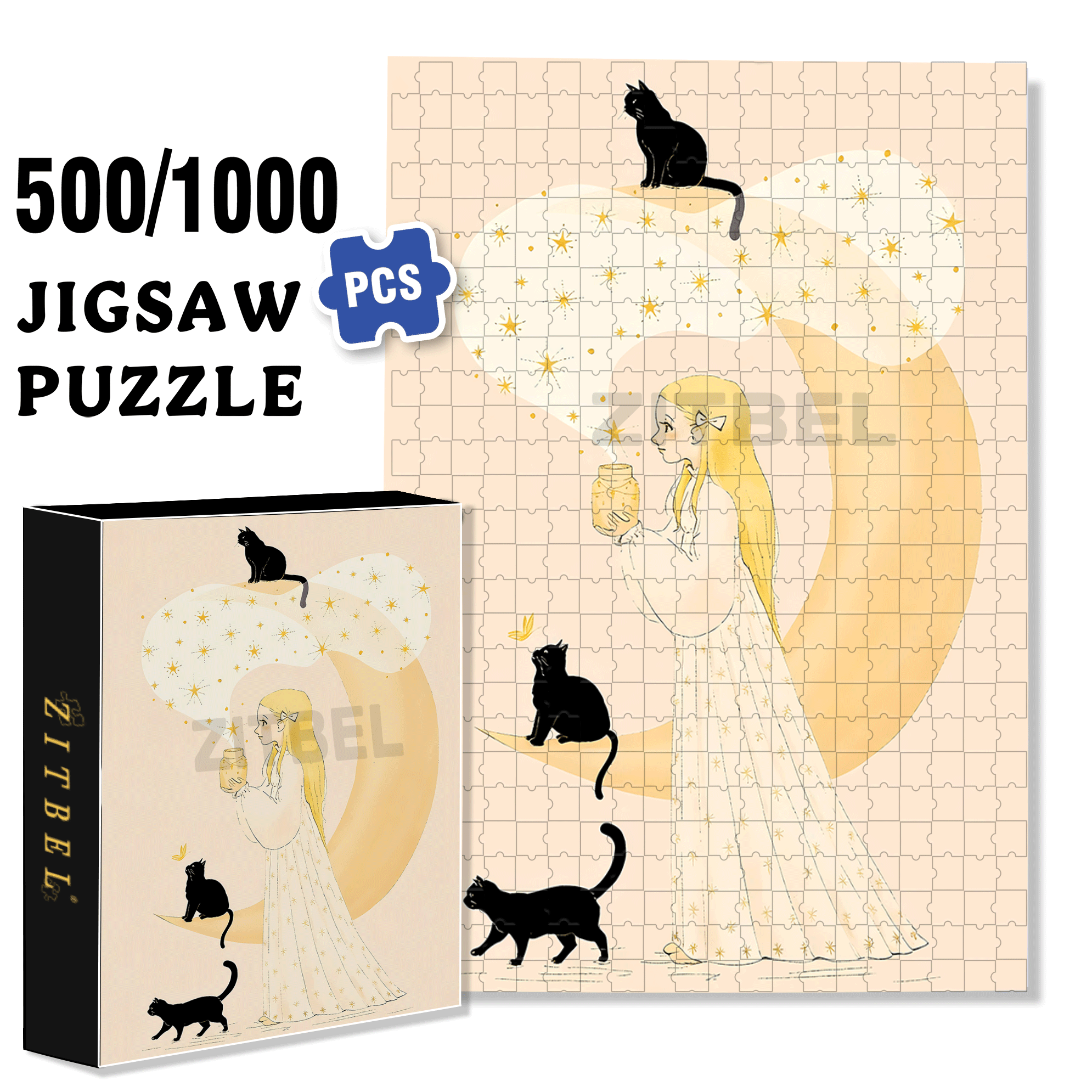 Cat In Front Of The Moon 500pcs/1000pcs Jigsaw Puzzle, Scratch-Resistant, Interactive Family Game & Brain-Boosting DIY Decor, Perfect for Halloween, Christmas & New Year Gifts, Family Puzzle Game