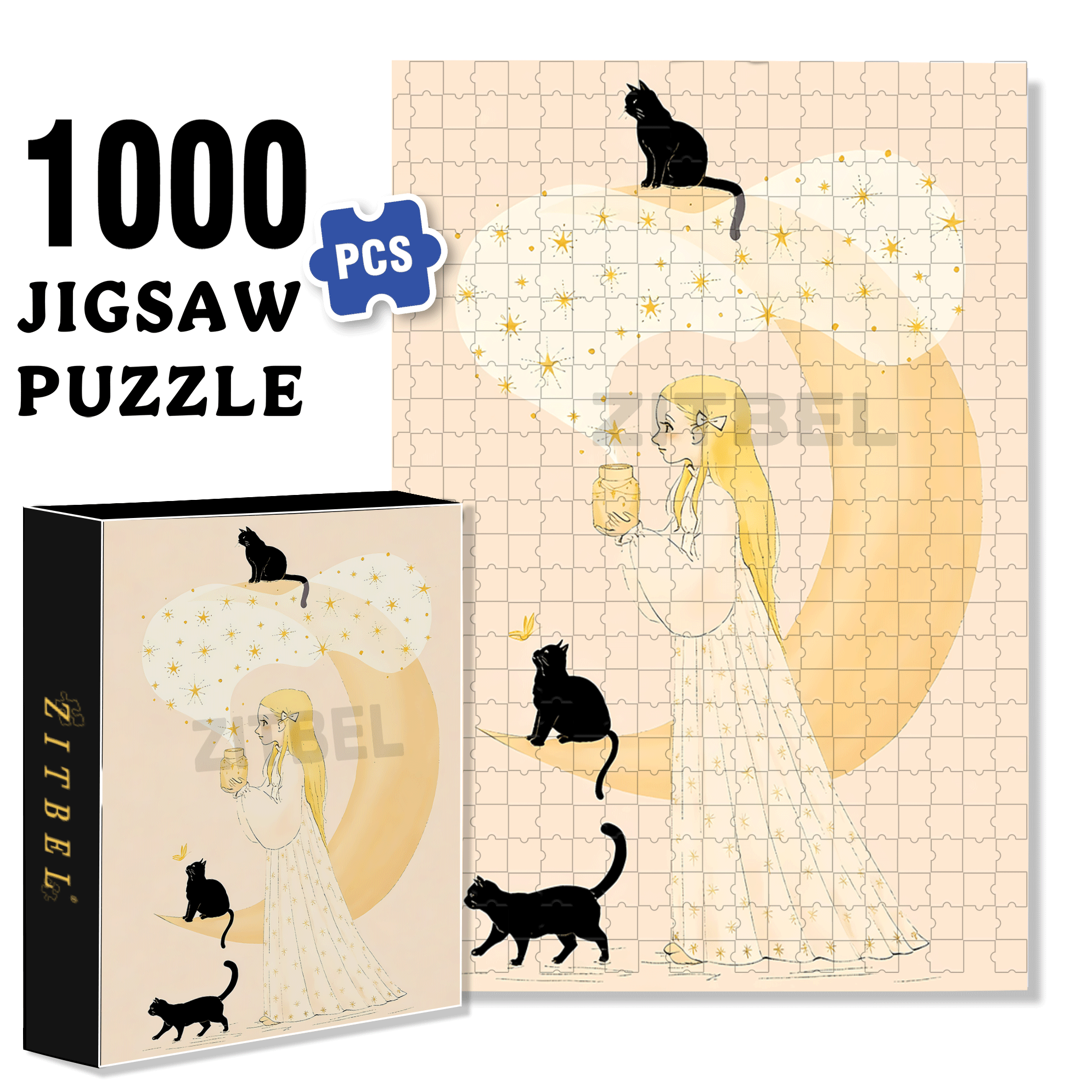 Cat In Front Of The Moon 500pcs/1000pcs Jigsaw Puzzle, Scratch-Resistant, Interactive Family Game & Brain-Boosting DIY Decor, Perfect for Halloween, Christmas & New Year Gifts, Family Puzzle Game
