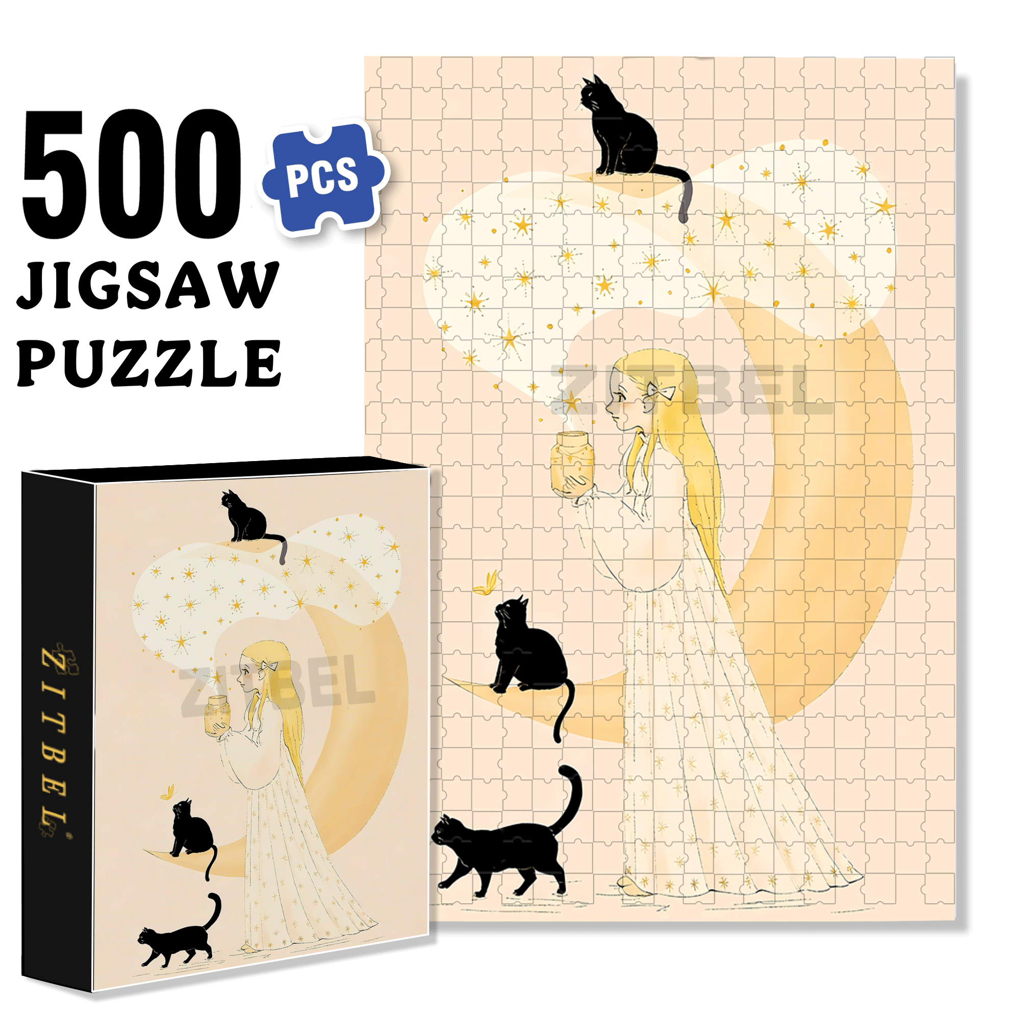 Cat In Front Of The Moon 500pcs/1000pcs Jigsaw Puzzle, Scratch-Resistant, Interactive Family Game & Brain-Boosting DIY Decor, Perfect for Halloween, Christmas & New Year Gifts, Family Puzzle Game