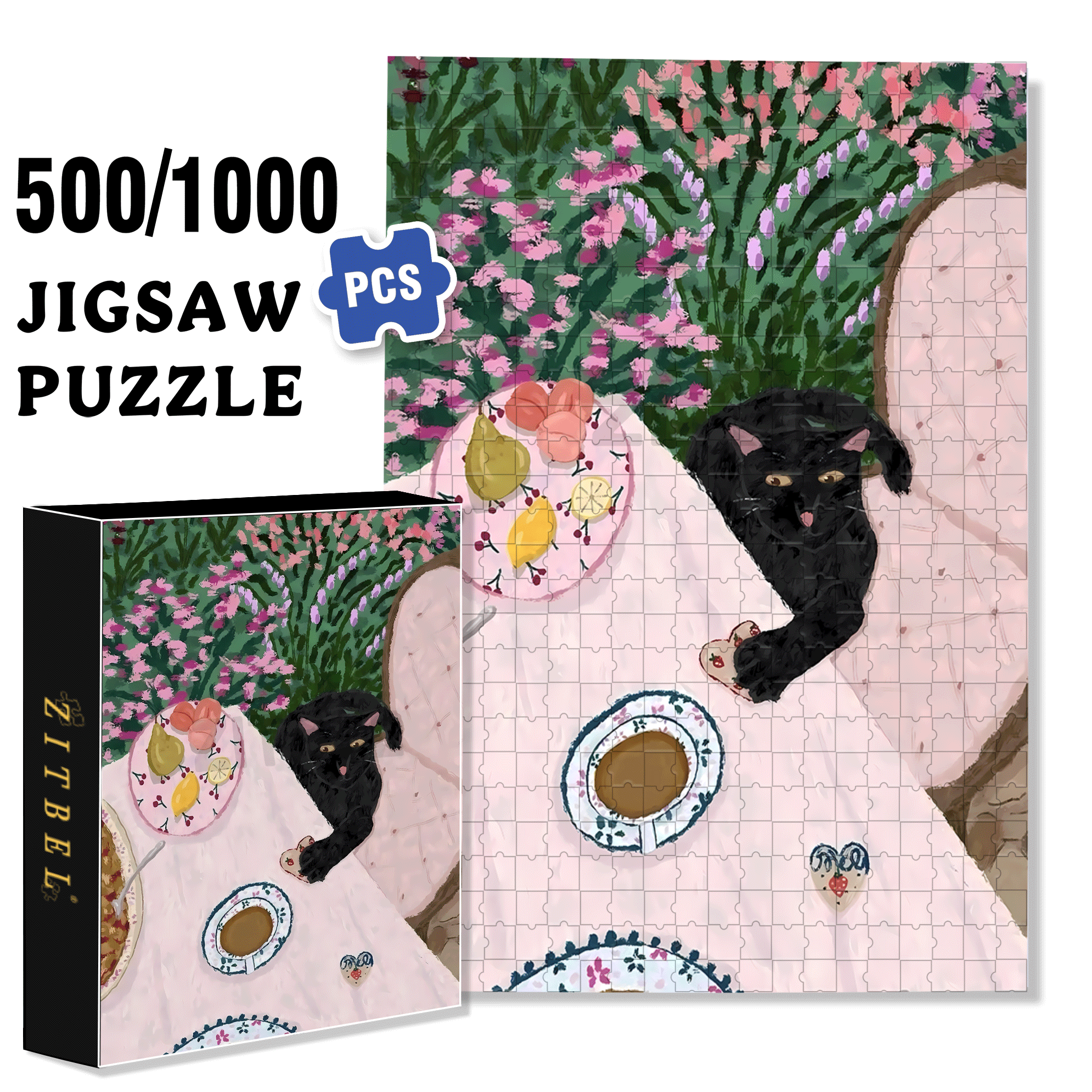 Greedy Little Black Cat 500pcs/1000pcs Jigsaw Puzzle, Scratch-Resistant, Interactive Family Game & Brain-Boosting DIY Decor, Perfect for Halloween, Christmas & New Year Gifts, Family Puzzle Game