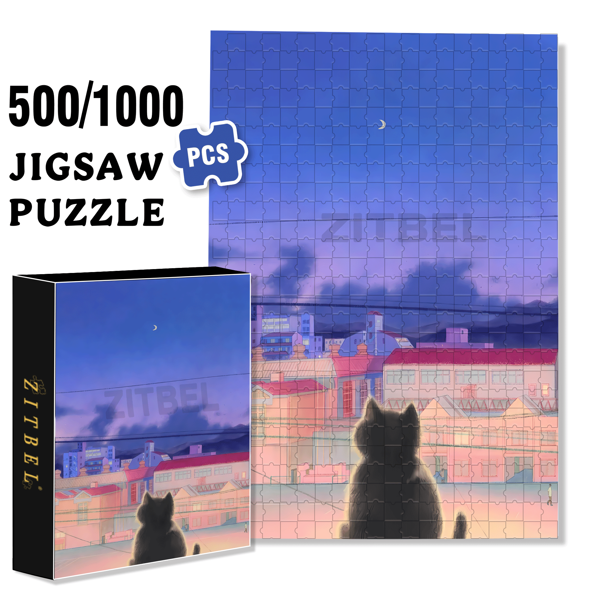 The Cat Waiting For The Night 500pcs/1000pcs Jigsaw Puzzle, Scratch-Resistant, Interactive Family Game & Brain-Boosting DIY Decor, Perfect for Halloween, Christmas & New Year Gifts, Family Puzzle Game