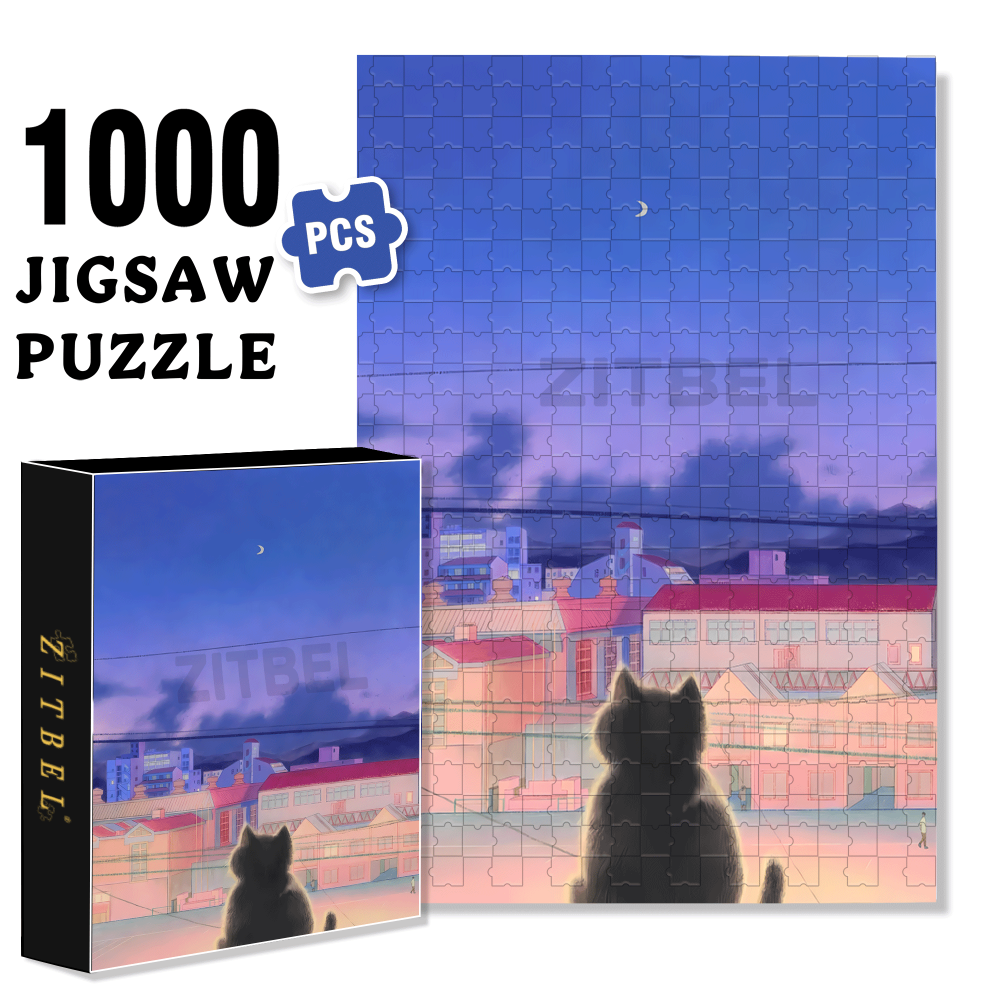 The Cat Waiting For The Night 500pcs/1000pcs Jigsaw Puzzle, Scratch-Resistant, Interactive Family Game & Brain-Boosting DIY Decor, Perfect for Halloween, Christmas & New Year Gifts, Family Puzzle Game