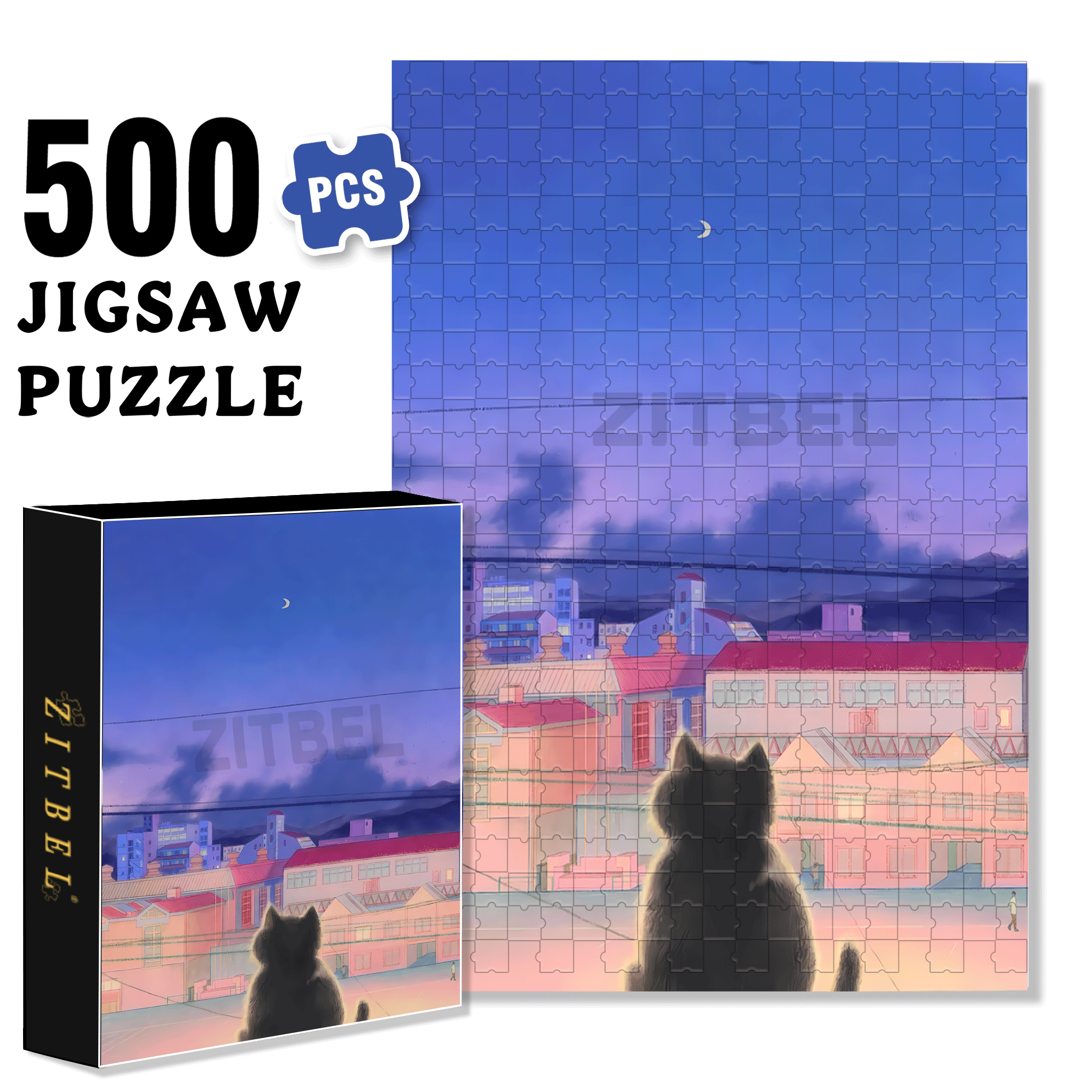The Cat Waiting For The Night 500pcs/1000pcs Jigsaw Puzzle, Scratch-Resistant, Interactive Family Game & Brain-Boosting DIY Decor, Perfect for Halloween, Christmas & New Year Gifts, Family Puzzle Game