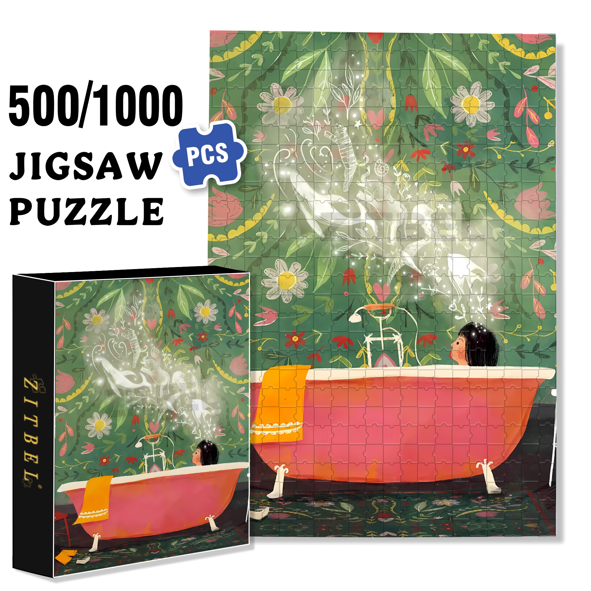 Bath Time 500pcs/1000pcs Jigsaw Puzzle, Scratch-Resistant, Interactive Family Game & Brain-Boosting DIY Decor, Perfect for Halloween, Christmas & New Year Gifts, Family Puzzle Game