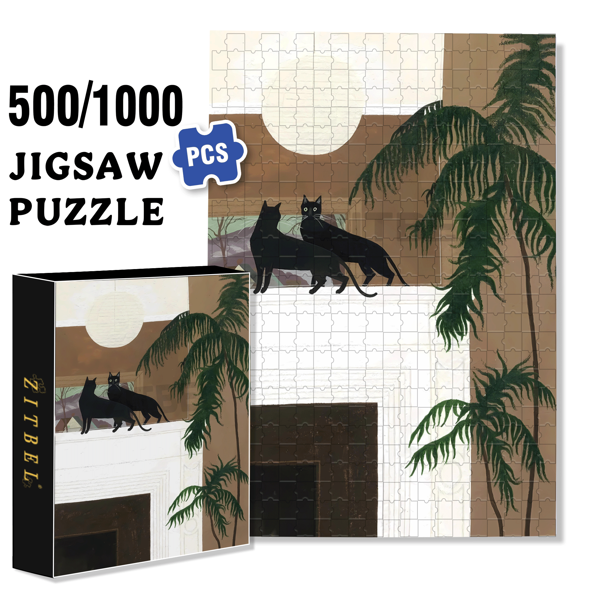 Black Cat in the Mirror 500pcs/1000pcs Jigsaw Puzzle, Scratch-Resistant, Interactive Family Game & Brain-Boosting DIY Decor, Perfect for Halloween, Christmas & New Year Gifts, Family Puzzle Game