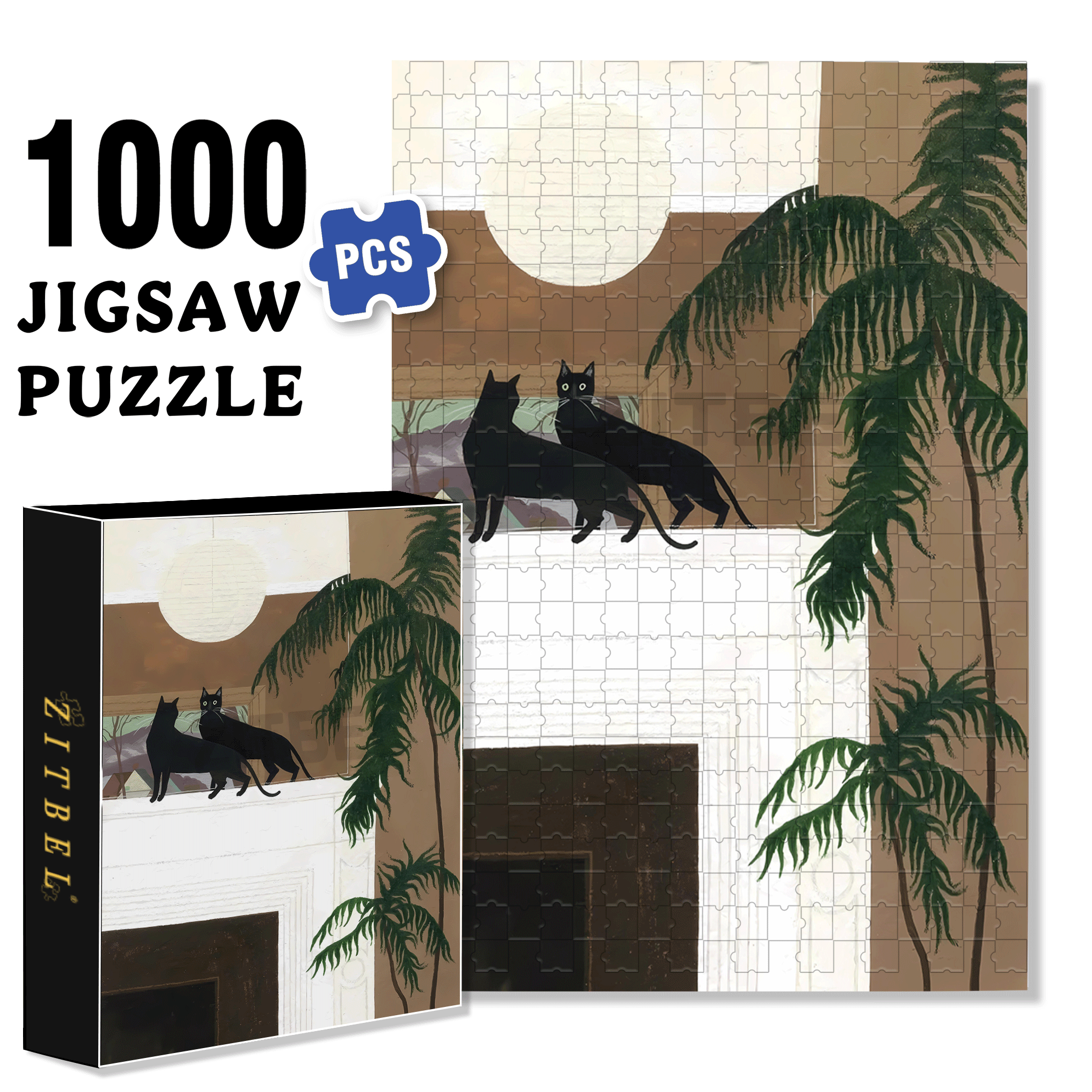 Black Cat in the Mirror 500pcs/1000pcs Jigsaw Puzzle, Scratch-Resistant, Interactive Family Game & Brain-Boosting DIY Decor, Perfect for Halloween, Christmas & New Year Gifts, Family Puzzle Game