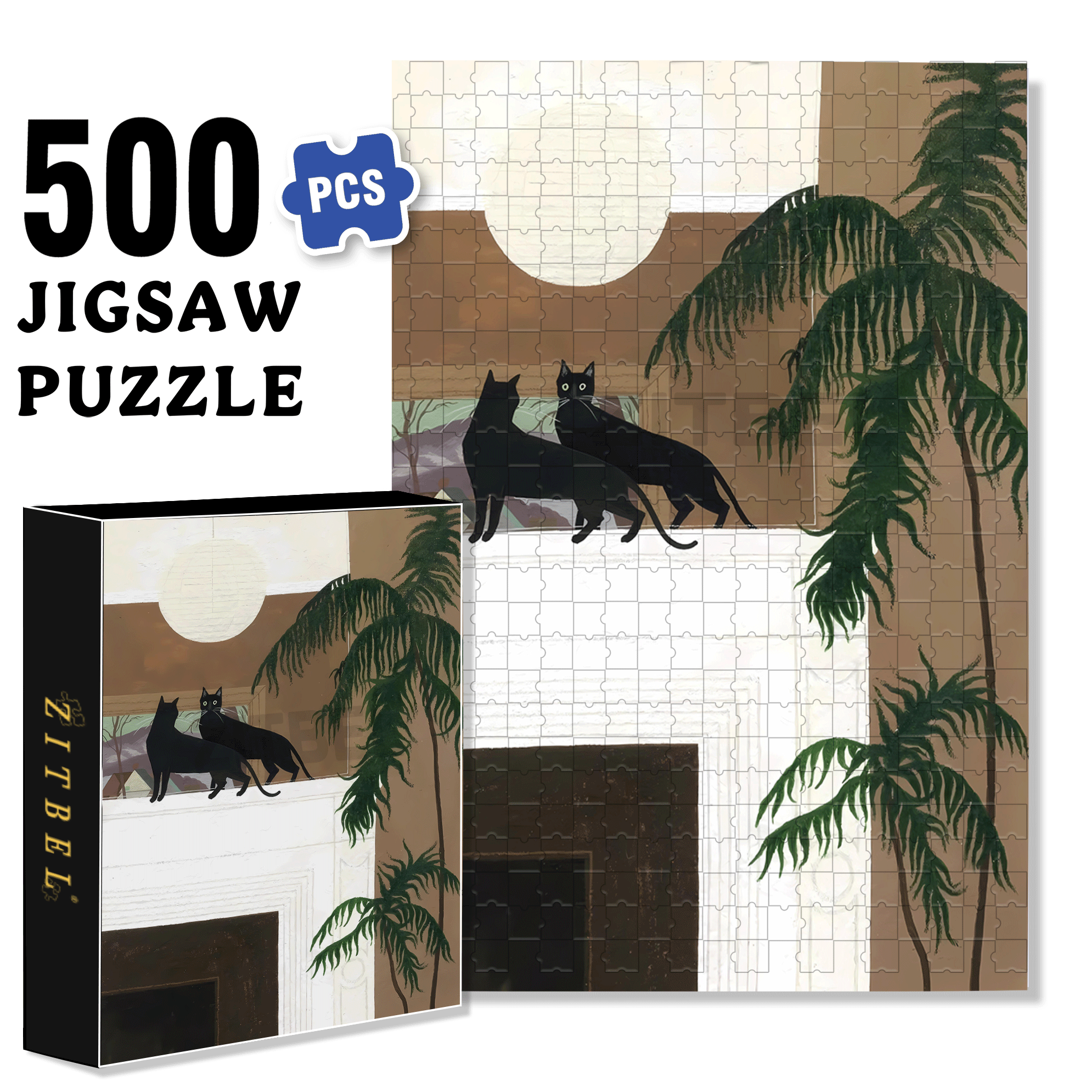 Black Cat in the Mirror 500pcs/1000pcs Jigsaw Puzzle, Scratch-Resistant, Interactive Family Game & Brain-Boosting DIY Decor, Perfect for Halloween, Christmas & New Year Gifts, Family Puzzle Game