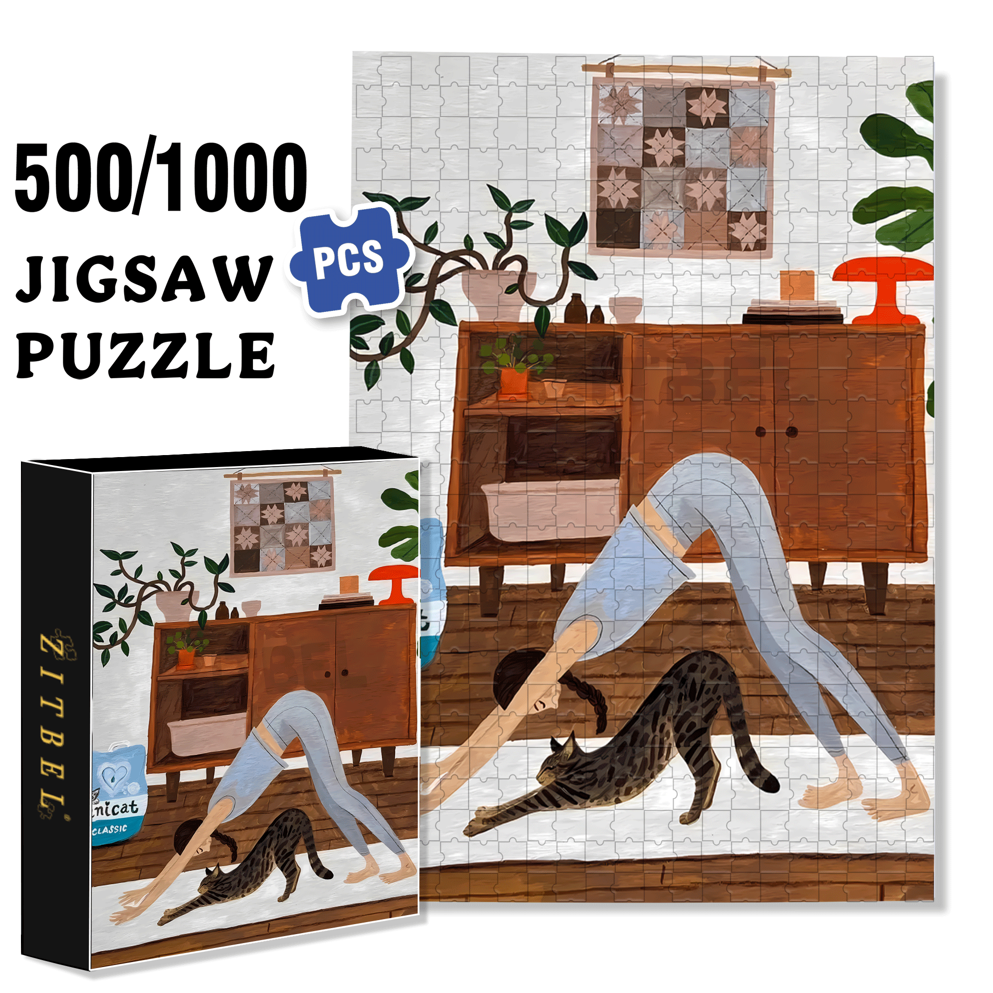 Yoga With Meow 500pcs/1000pcs Jigsaw Puzzle, Scratch-Resistant, Interactive Family Game & Brain-Boosting DIY Decor, Perfect for Halloween, Christmas & New Year Gifts, Family Puzzle Game