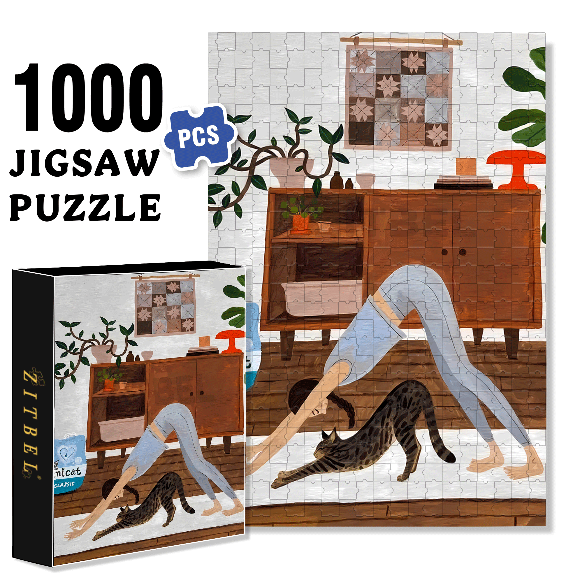 Yoga With Meow 500pcs/1000pcs Jigsaw Puzzle, Scratch-Resistant, Interactive Family Game & Brain-Boosting DIY Decor, Perfect for Halloween, Christmas & New Year Gifts, Family Puzzle Game