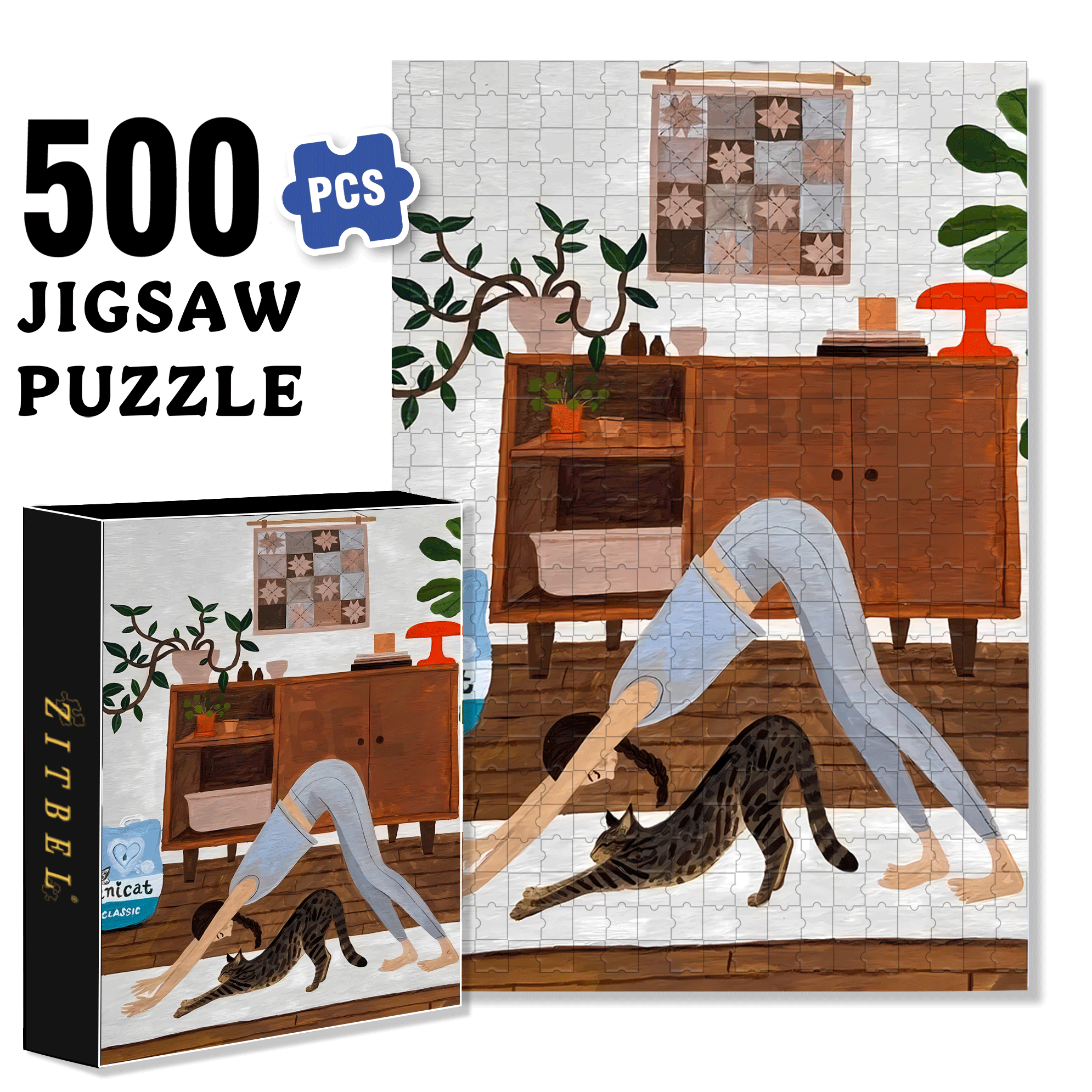 Yoga With Meow 500pcs/1000pcs Jigsaw Puzzle, Scratch-Resistant, Interactive Family Game & Brain-Boosting DIY Decor, Perfect for Halloween, Christmas & New Year Gifts, Family Puzzle Game