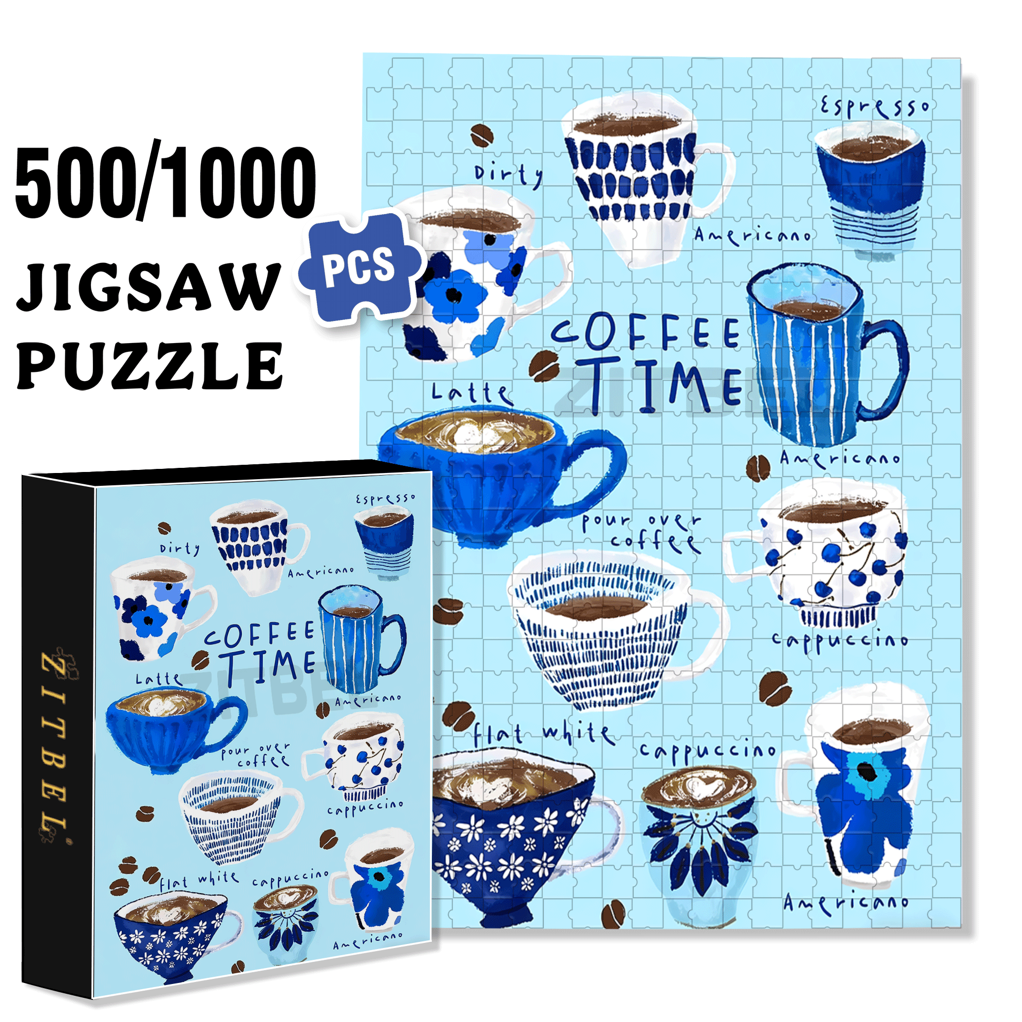 Blue Coffee Cup 500pcs/1000pcs Jigsaw Puzzle, Scratch-Resistant, Interactive Family Game & Brain-Boosting DIY Decor, Perfect for Halloween, Christmas & New Year Gifts, Family Puzzle Game