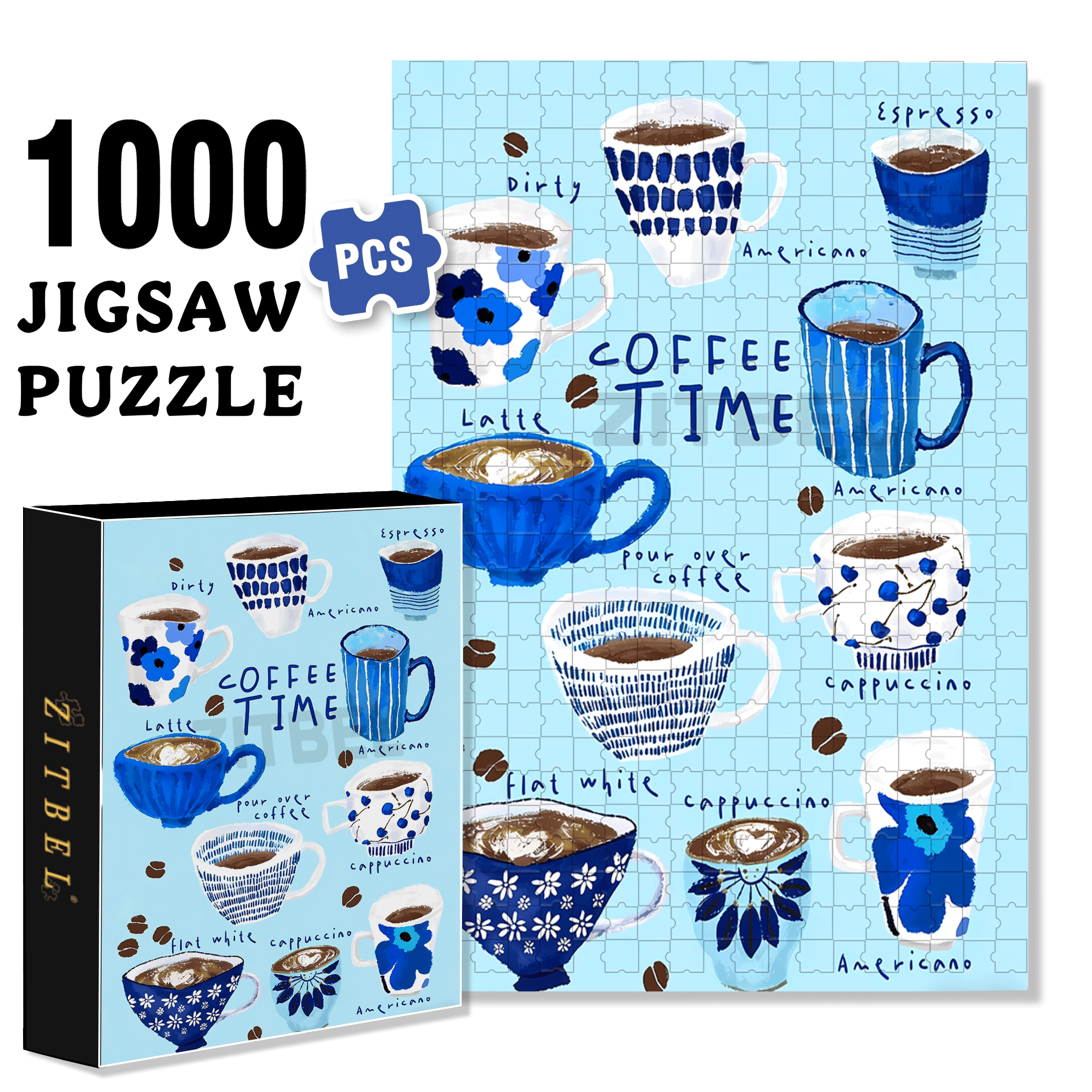 Blue Coffee Cup 500pcs/1000pcs Jigsaw Puzzle, Scratch-Resistant, Interactive Family Game & Brain-Boosting DIY Decor, Perfect for Halloween, Christmas & New Year Gifts, Family Puzzle Game