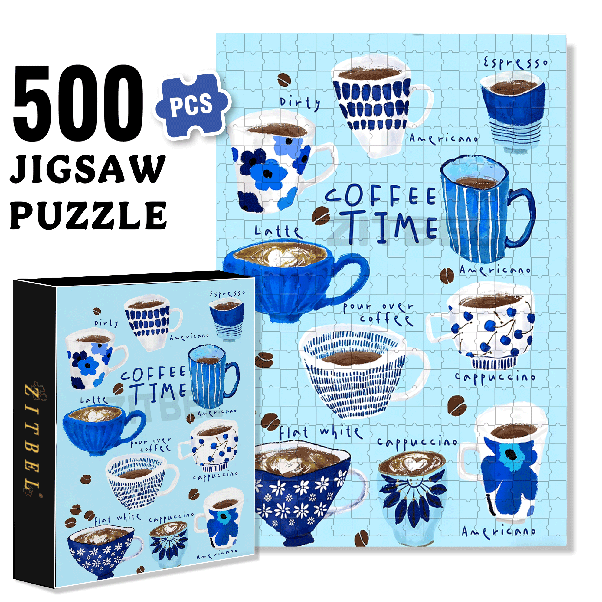 Blue Coffee Cup 500pcs/1000pcs Jigsaw Puzzle, Scratch-Resistant, Interactive Family Game & Brain-Boosting DIY Decor, Perfect for Halloween, Christmas & New Year Gifts, Family Puzzle Game