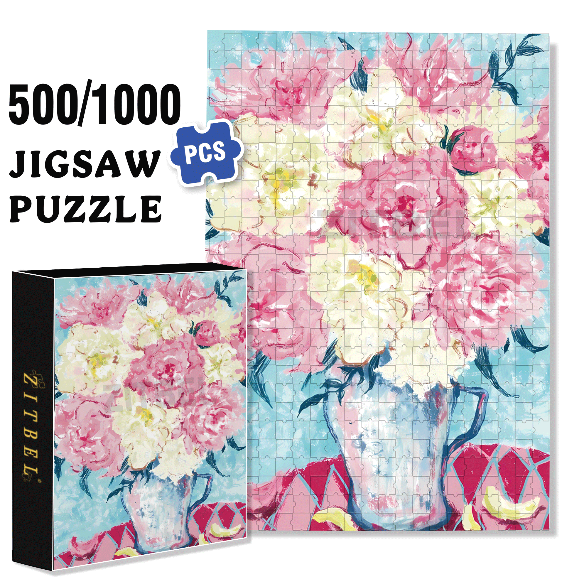 Colorful Peony 500pcs/1000pcs Jigsaw Puzzle, Scratch-Resistant, Interactive Family Game & Brain-Boosting DIY Decor, Perfect for Halloween, Christmas & New Year Gifts, Family Puzzle Game