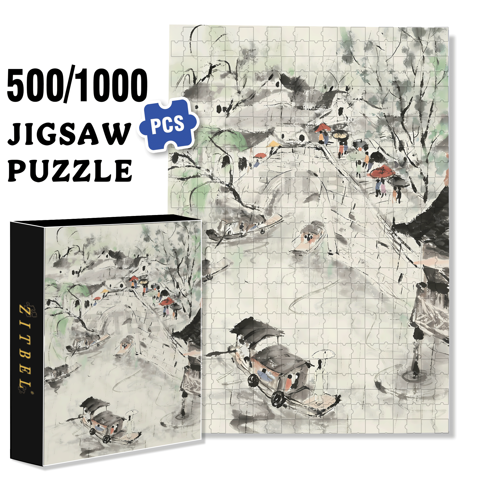 Jiangnan Smoke and Rain 500pcs/1000pcs Jigsaw Puzzle, Scratch-Resistant, Interactive Family Game & Brain-Boosting DIY Decor, Perfect for Halloween, Christmas & New Year Gifts, Family Puzzle Game