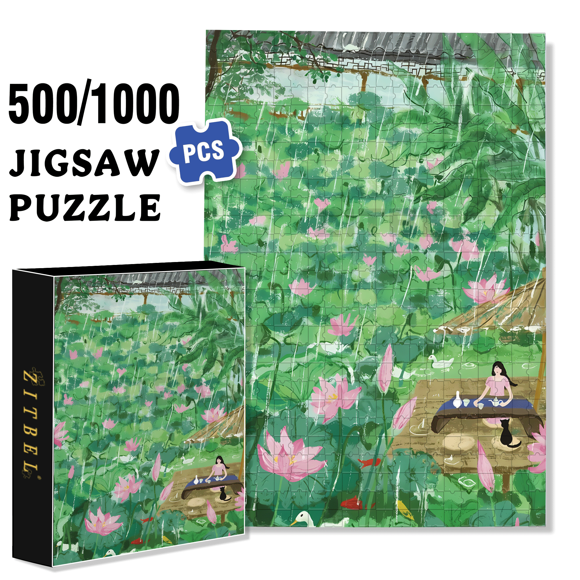 Listening To The Rain In The Lotus Pond 500pcs/1000pcs Jigsaw Puzzle, Scratch-Resistant, Interactive Family Game & Brain-Boosting DIY Decor, Perfect for Halloween, Christmas & New Year Gifts, Family Puzzle Game