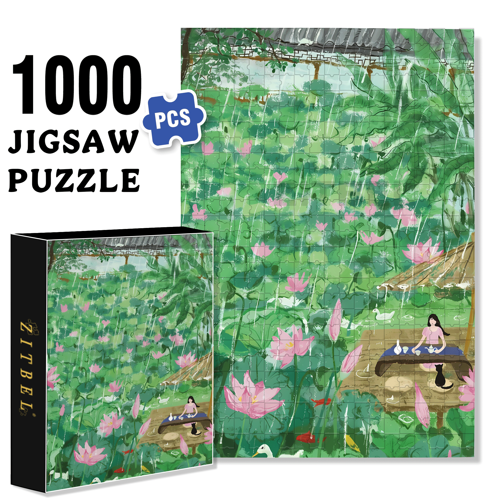 Listening To The Rain In The Lotus Pond 500pcs/1000pcs Jigsaw Puzzle, Scratch-Resistant, Interactive Family Game & Brain-Boosting DIY Decor, Perfect for Halloween, Christmas & New Year Gifts, Family Puzzle Game