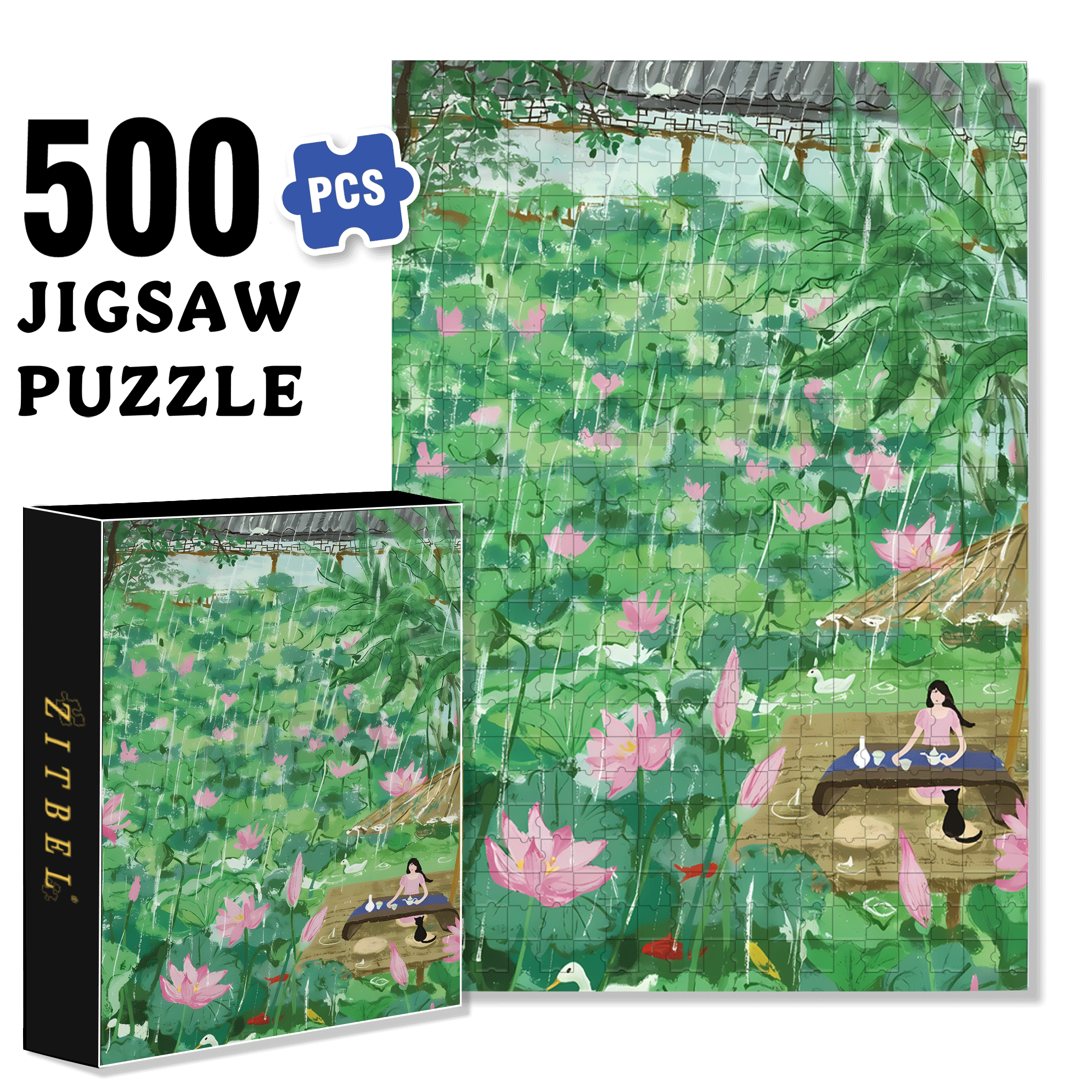 Listening To The Rain In The Lotus Pond 500pcs/1000pcs Jigsaw Puzzle, Scratch-Resistant, Interactive Family Game & Brain-Boosting DIY Decor, Perfect for Halloween, Christmas & New Year Gifts, Family Puzzle Game